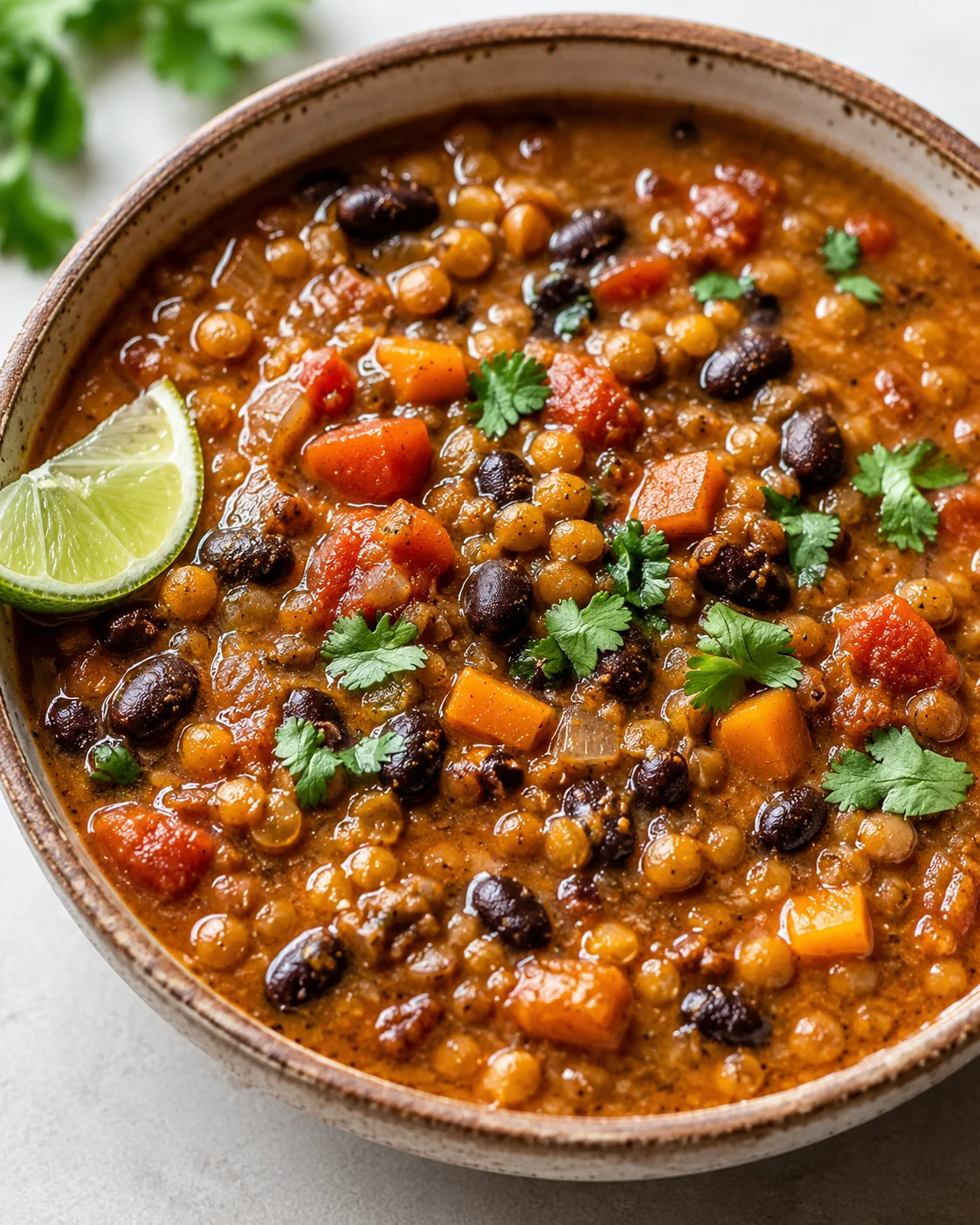 Warm, hearty black bean and lentil soup with vegetables and spices in a bowl.
