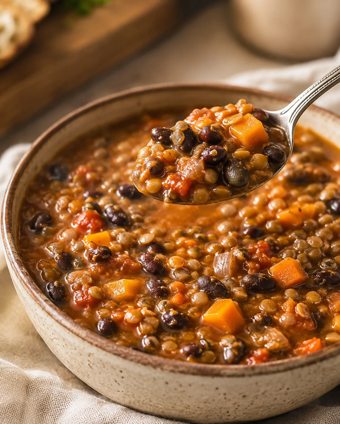 A bowl of hearty black bean and lentil soup with vegetables and spices