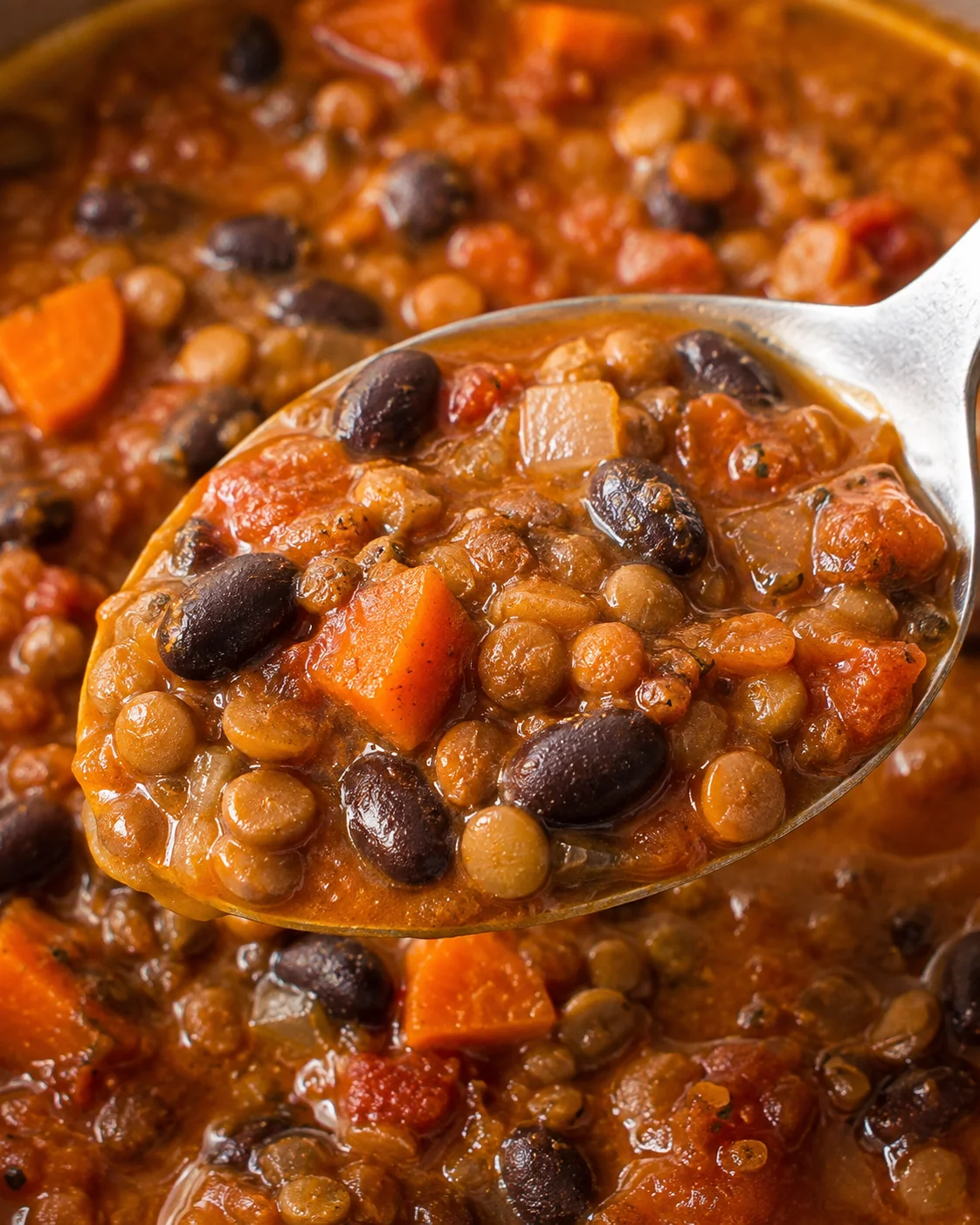 A spoonful of nourishing black bean and lentil soup showing with vegetables and spices