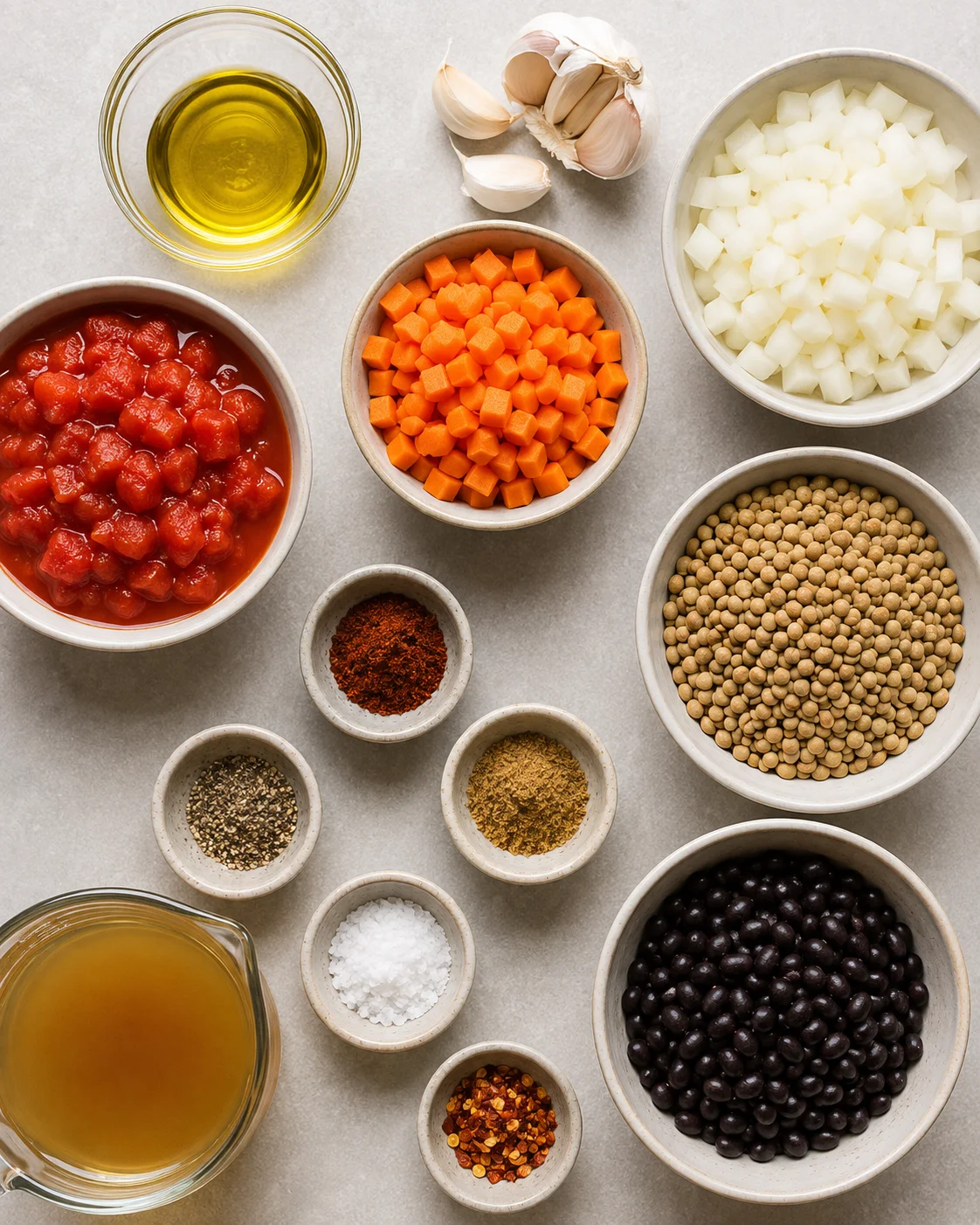 A colorful spread of ingredients including garlic, onions, carrots, tomatoes, and spices for soup