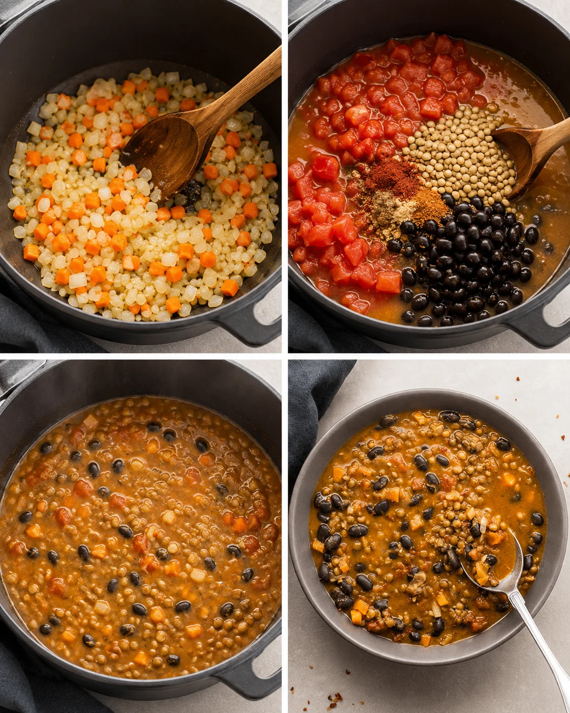 Steps of cooking black bean and lentil soup in a pot with vegetables and spices