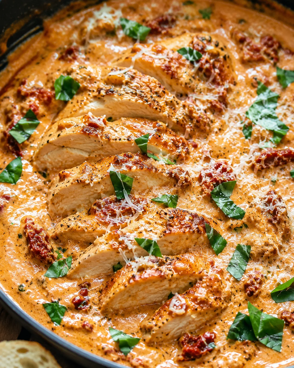 Creamy Tuscan chicken dish with sun-dried tomatoes and fresh basil.