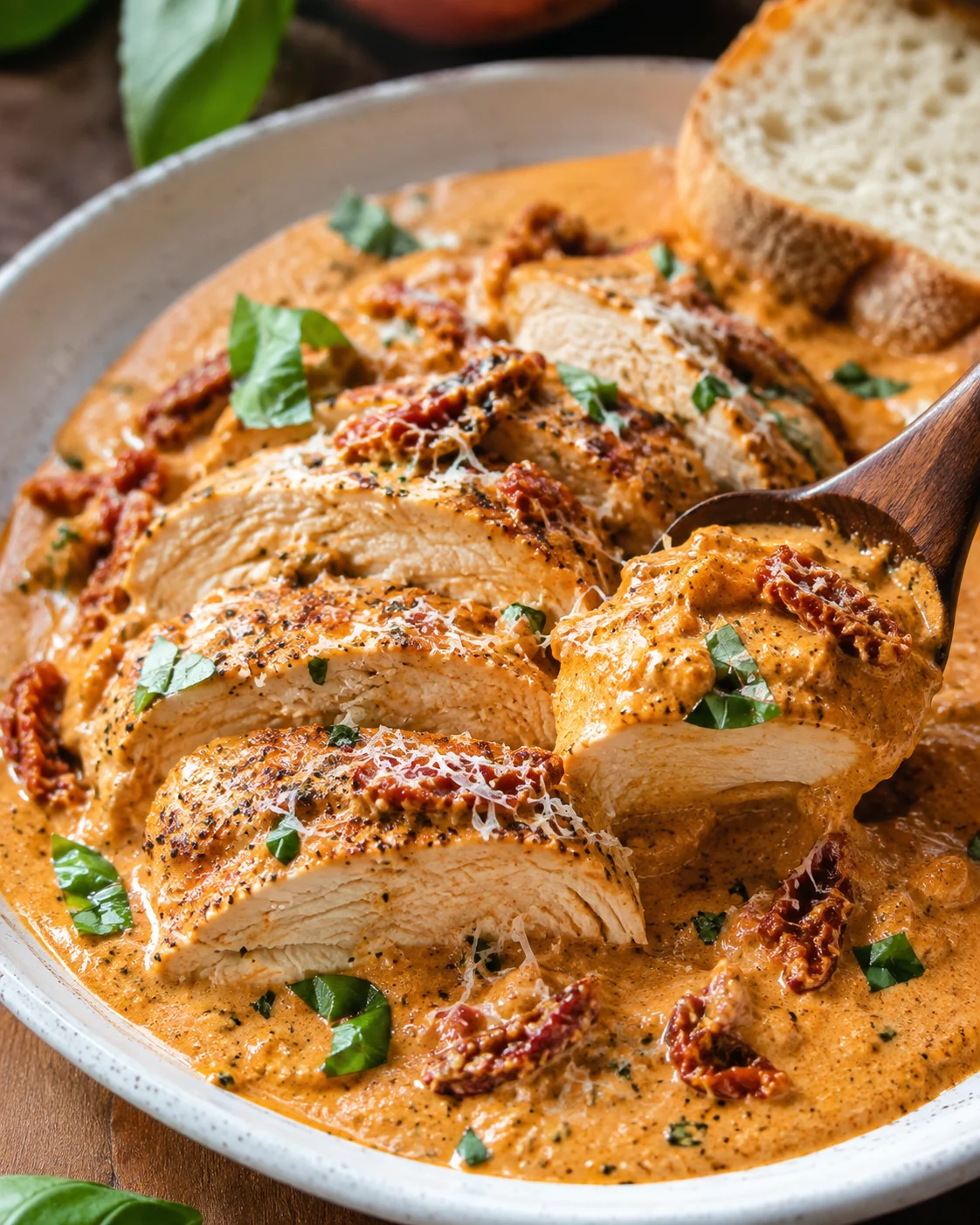 Creamy Tuscan chicken served with sun-dried tomatoes and fresh basil.