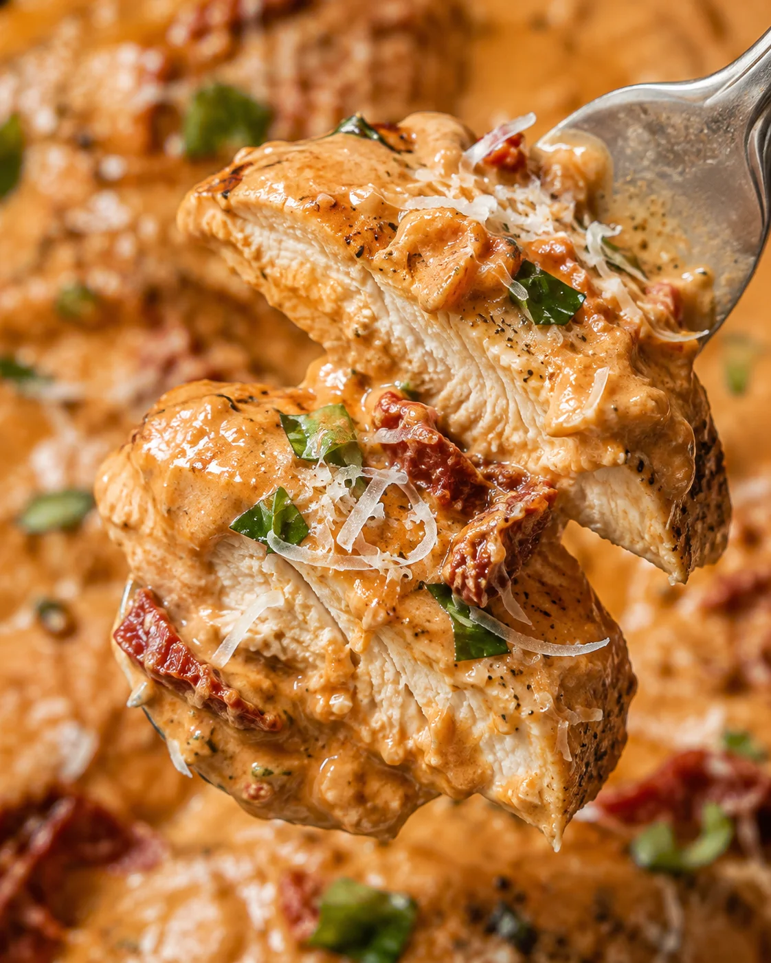 Creamy Tuscan chicken with sun-dried tomatoes and fresh basil on a skillet.