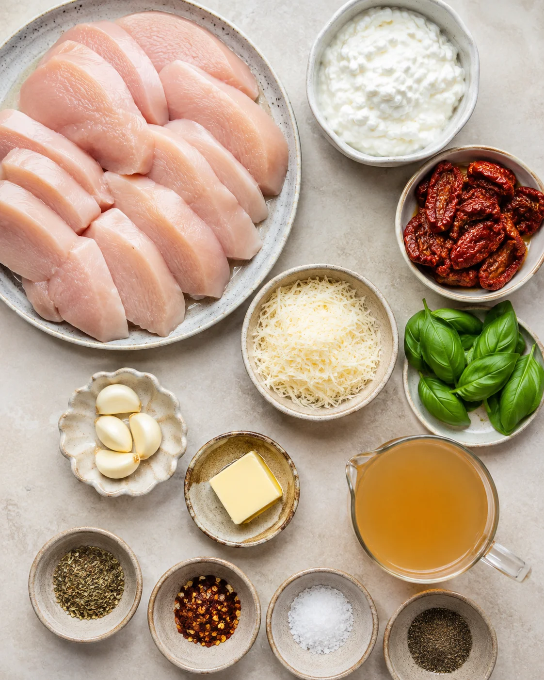 Ingredients for Tuscan chicken with sun-dried tomatoes and cottage cheese