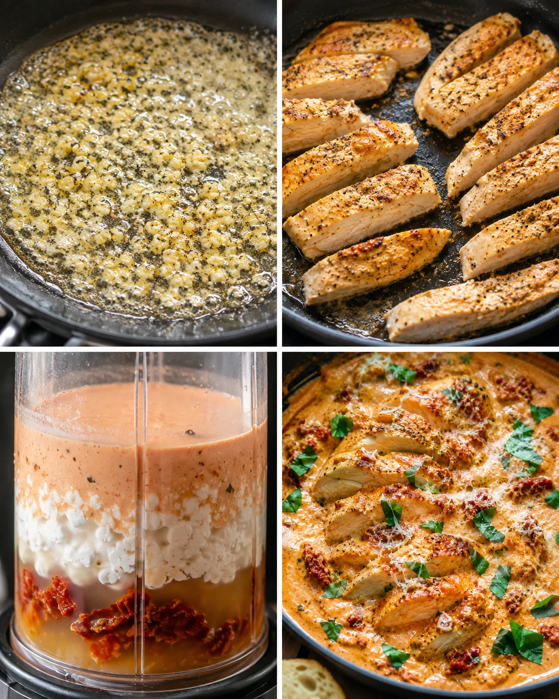 Creamy Tuscan chicken with sun-dried tomatoes and basil served in a skillet