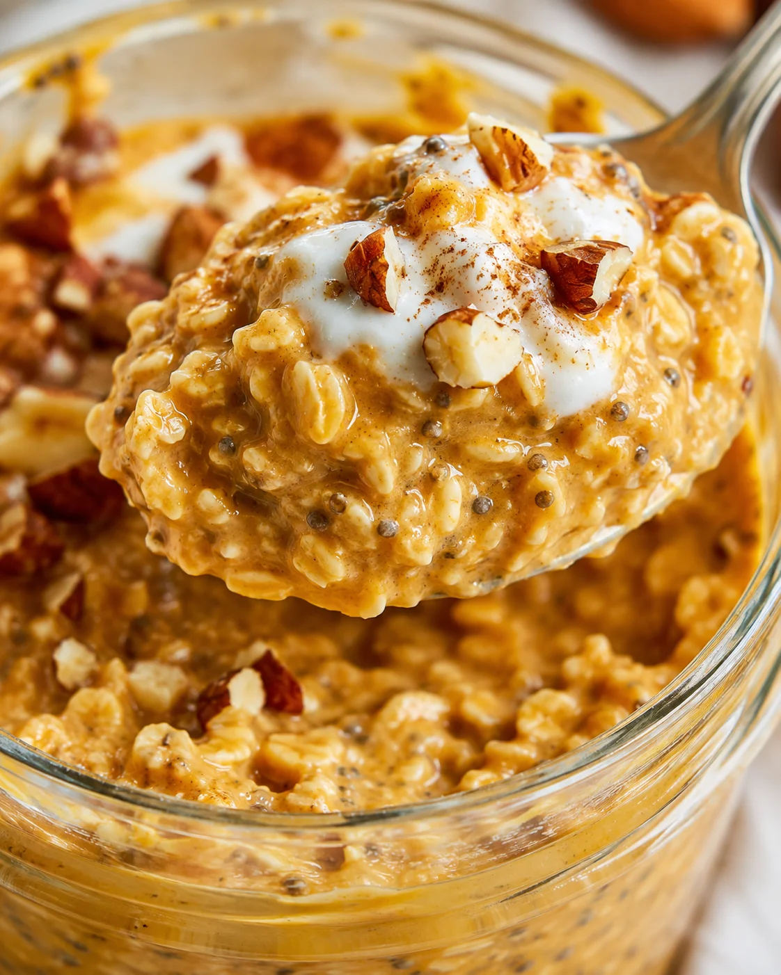 Creamy pumpkin overnight oats topped with nuts and yogurt in a jar.