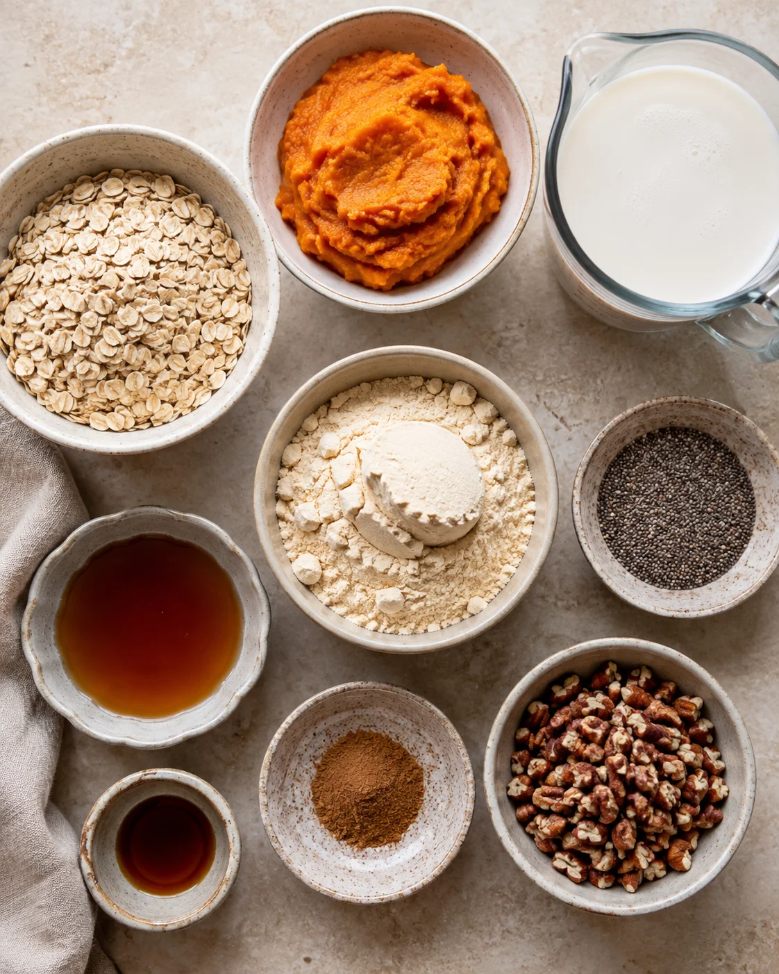 Arrangement of ingredients including pumpkin puree, oats, milk, and protein powder in bowls.