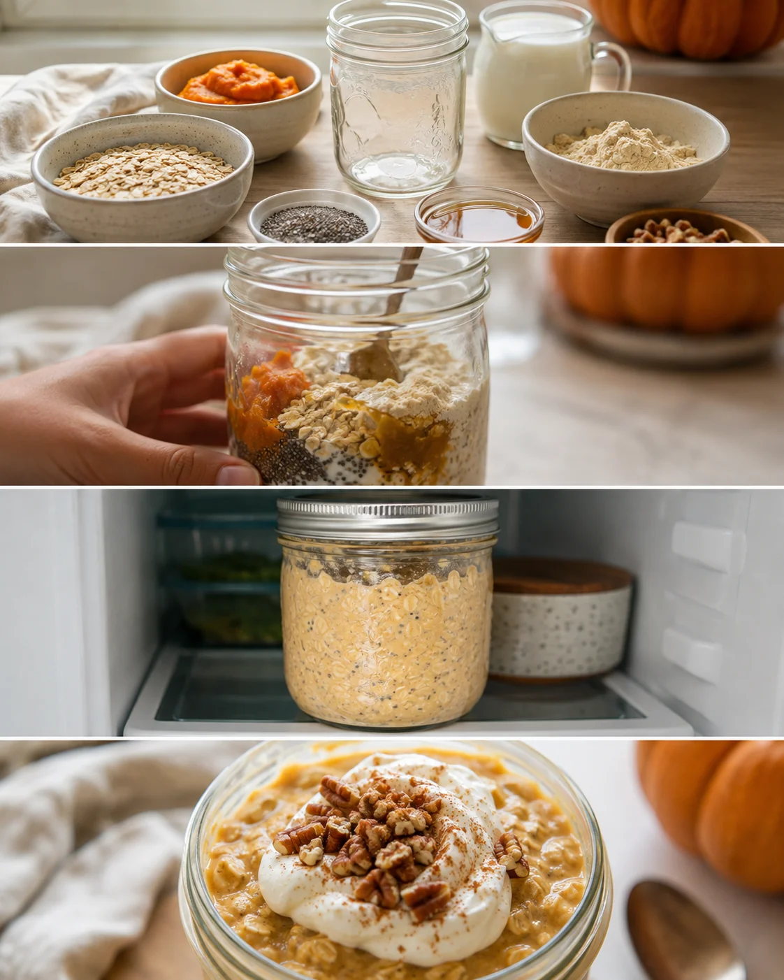 Creamy pumpkin overnight oats with fall spices and protein topping in a jar.