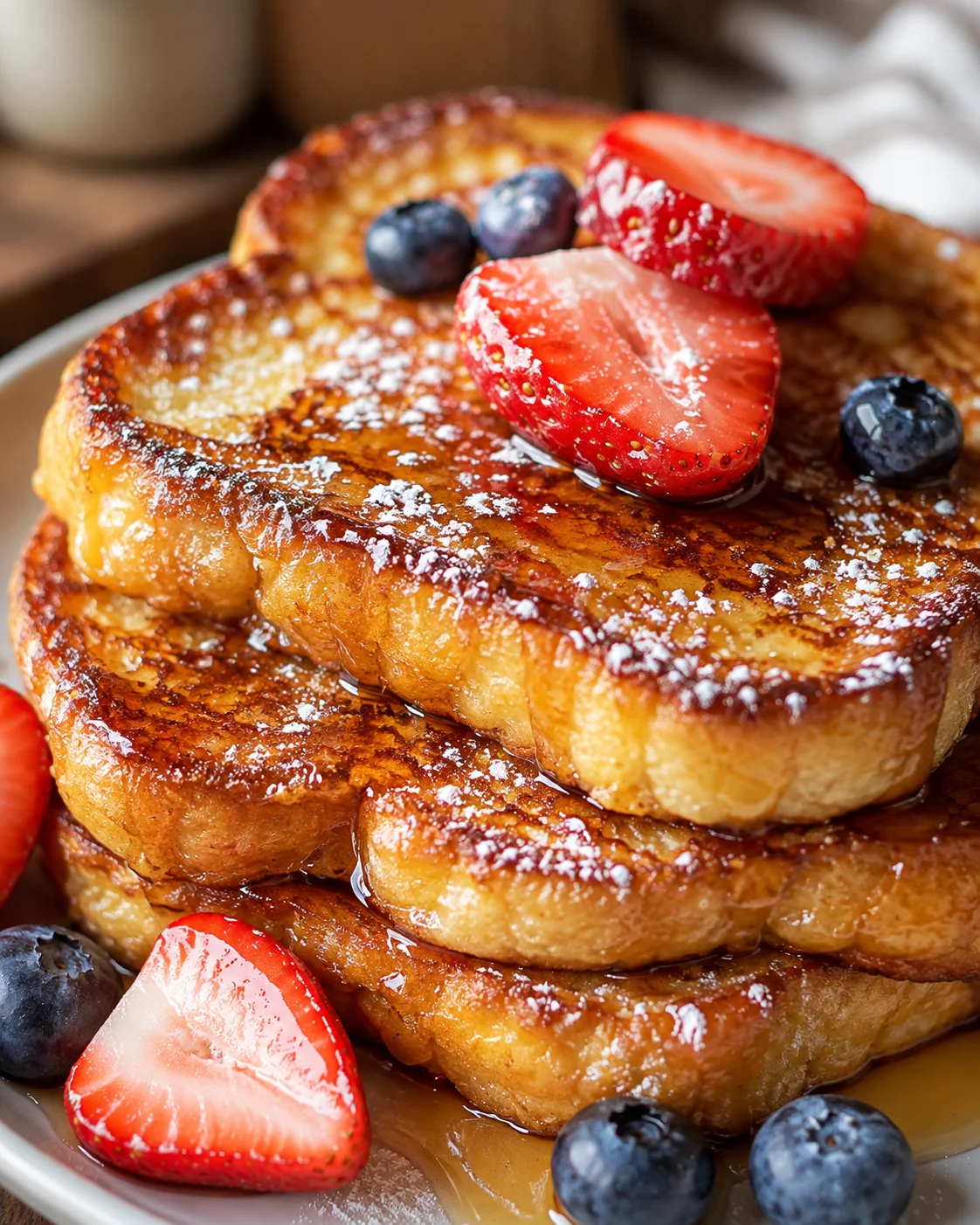 Close-up of crispy and fluffy protein French toast topped with fresh strawberries and blueberries.