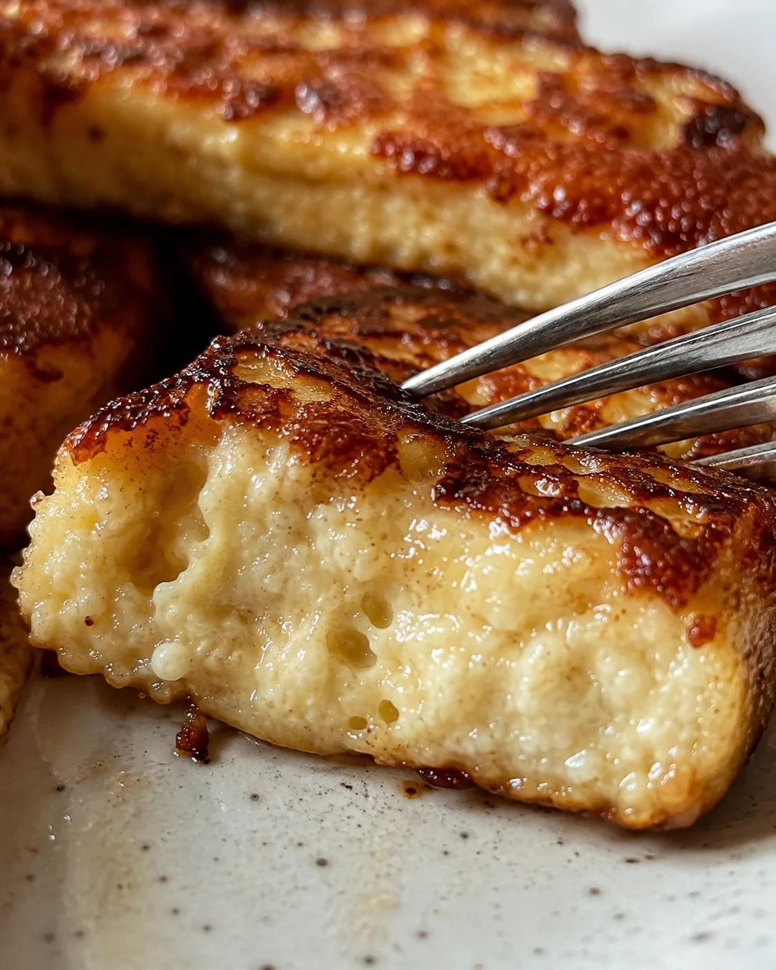 Close-up of crispy, golden protein French toast with a fork piercing it.