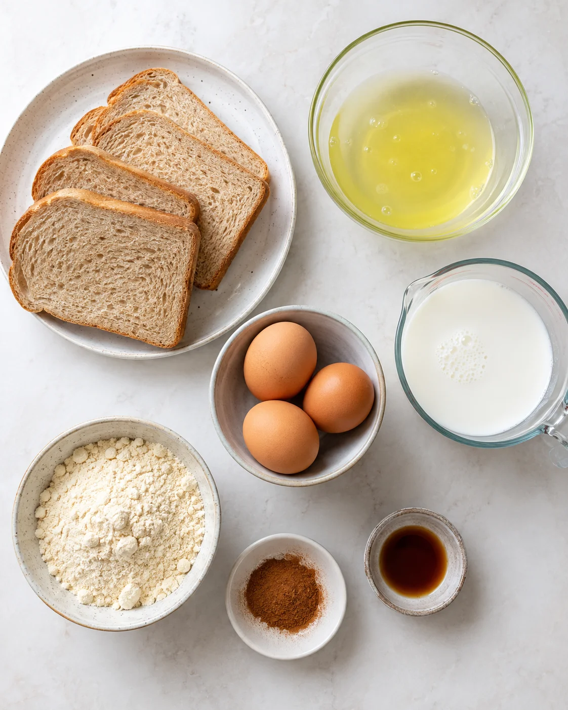 Ingredients for protein French toast including bread, eggs, and protein powder arranged on a white surface.