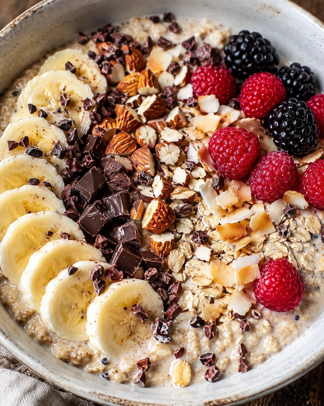 Colorful and nutritious vegan breakfast bowls topped with fresh fruit and nuts.