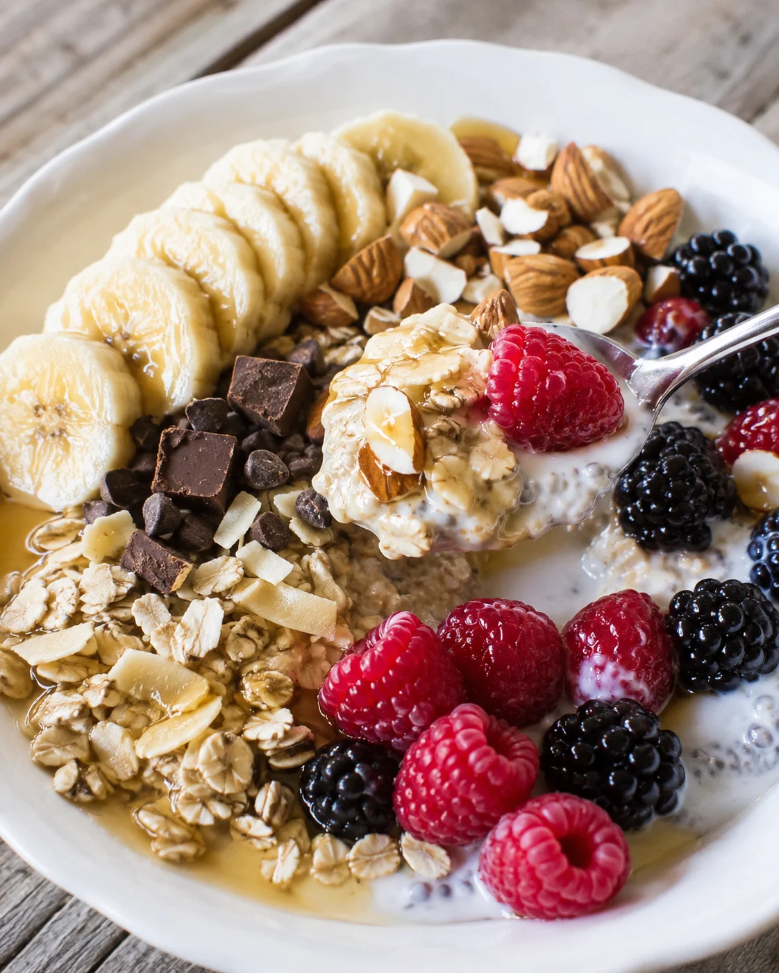 Colorful and nourishing vegan breakfast bowls topped with fresh fruit and nuts