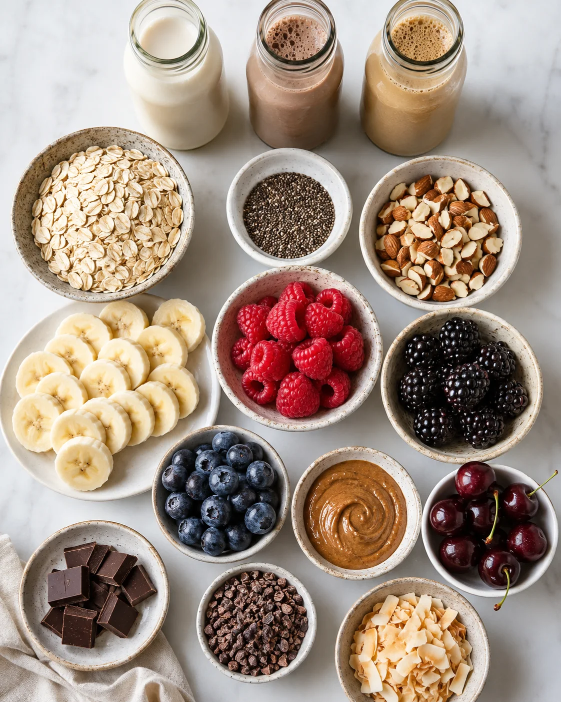 Colorful vegan breakfast bowls with fresh fruits and toppings, ready to serve.