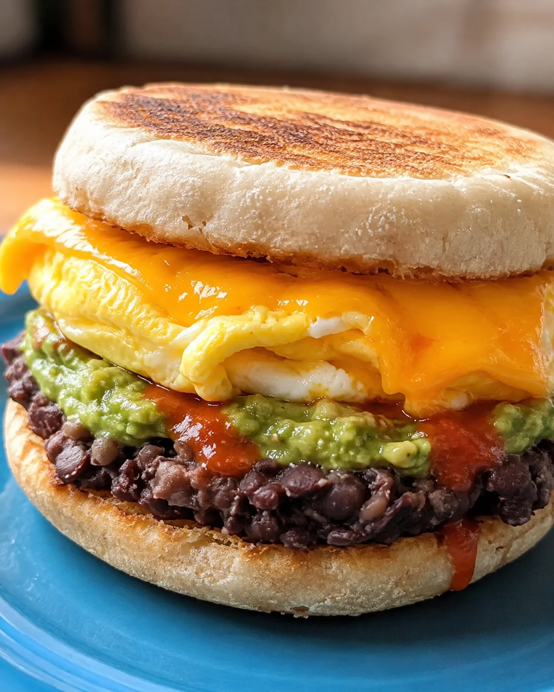 Close-up of a homemade protein breakfast sandwich with eggs, cheese, and beans