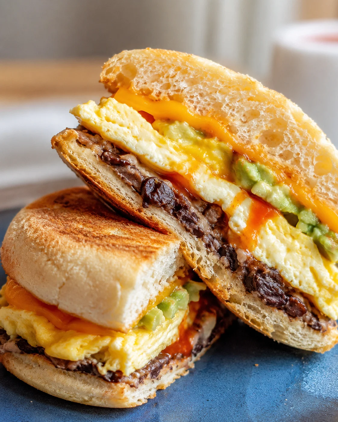 Close-up of a freshly made protein breakfast sandwich with eggs, beans, and avocado.
