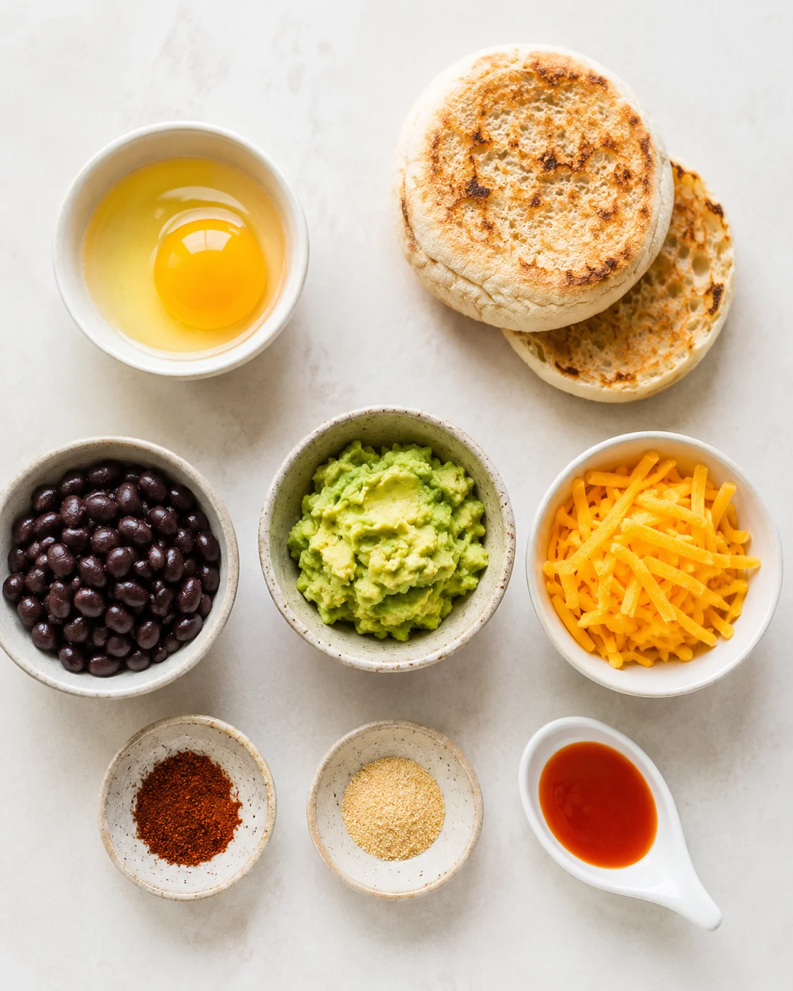 Flat lay of a breakfast sandwich with ingredients like egg, avocado, cheese, and muffin