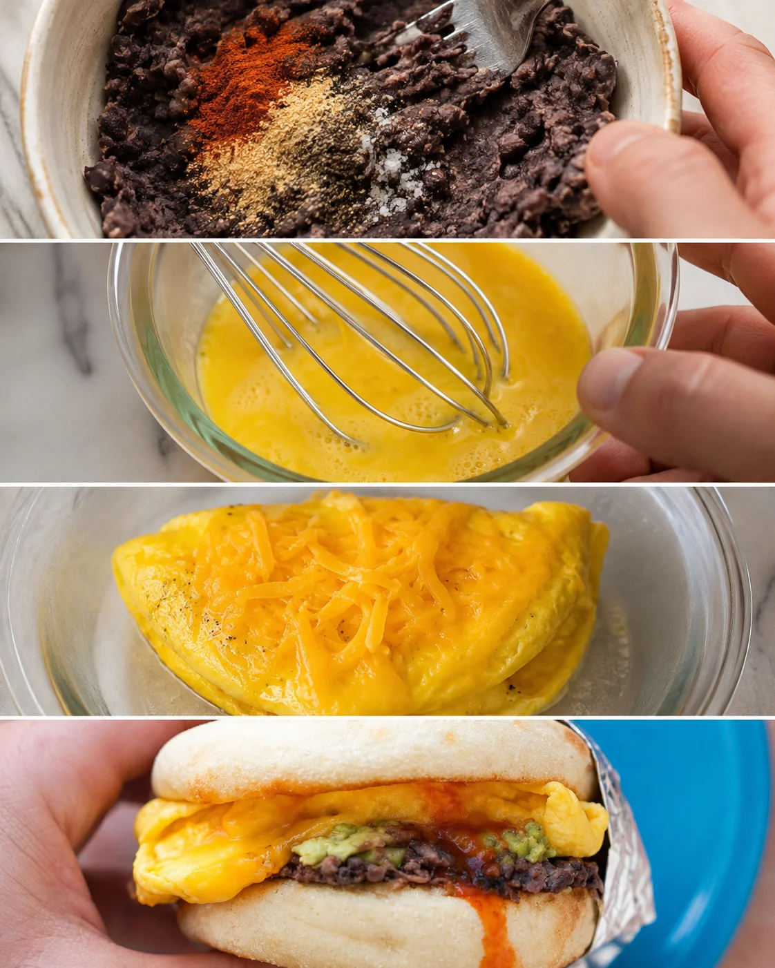 Step-by-step images showing a protein breakfast sandwich being prepared fast and easily.