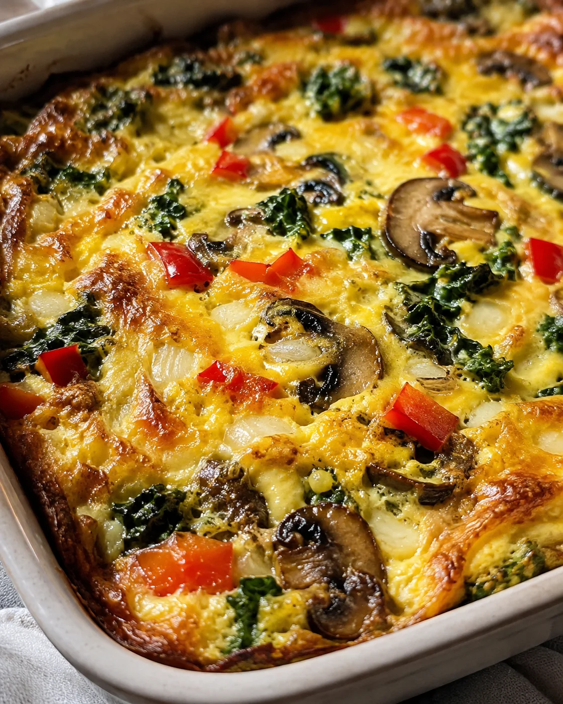 Hearty baked casserole with eggs, vegetables, and melted cheese in a baking dish
