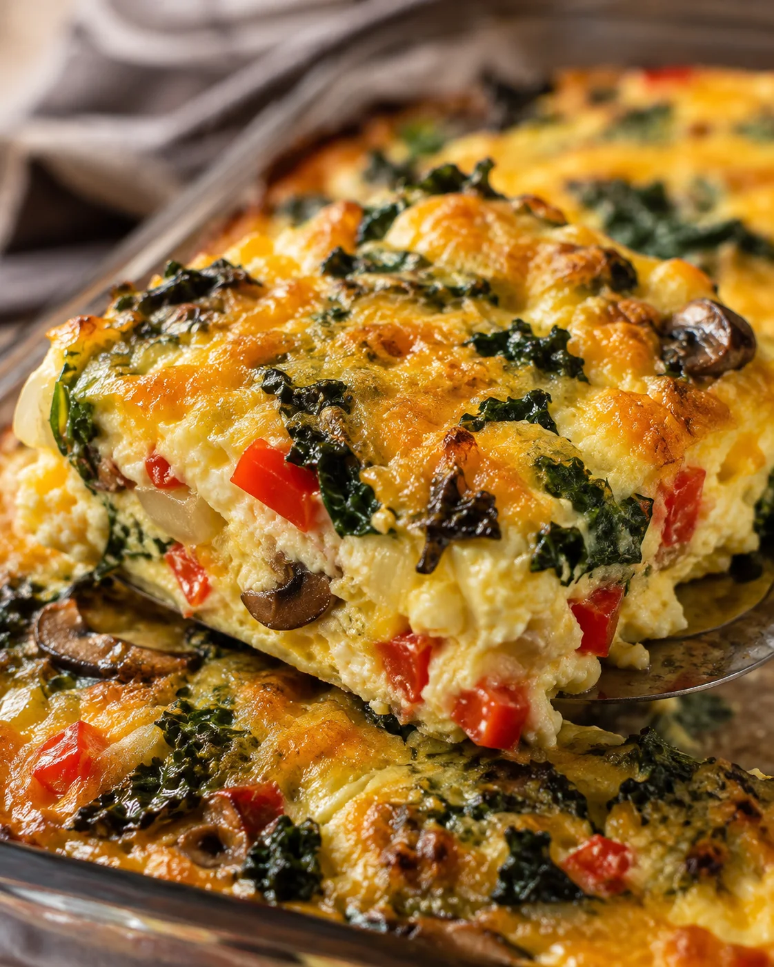 Delicious baked high-protein casserole with vegetables and melted cheese on top