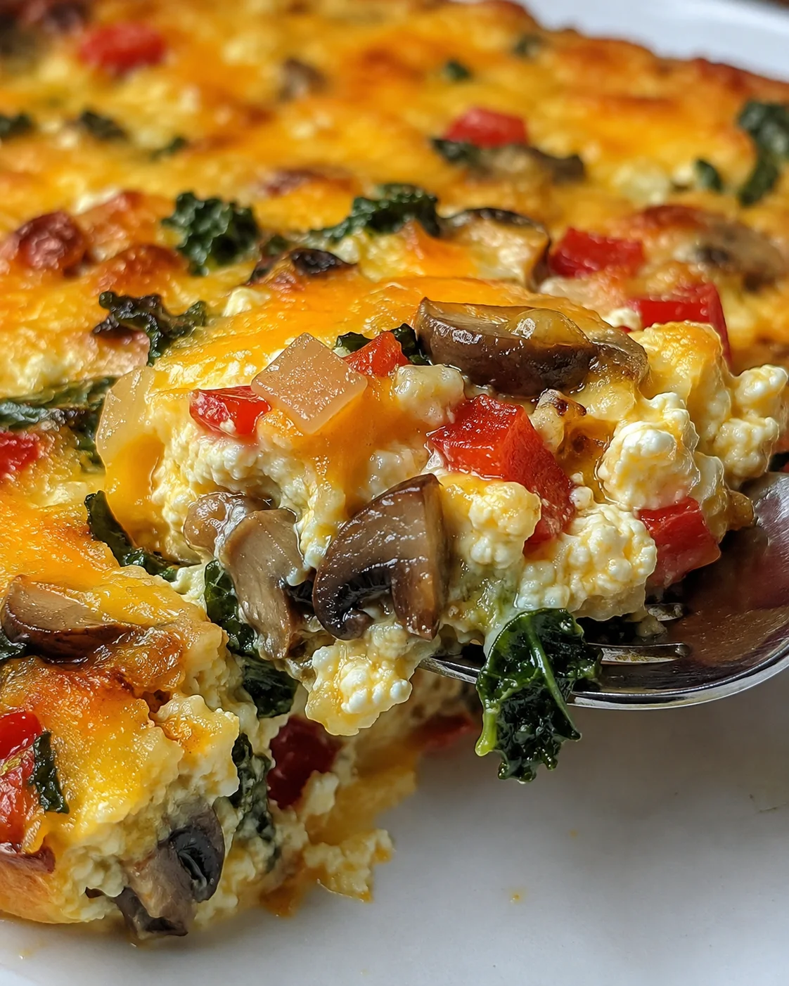 Close-up of a baked breakfast casserole loaded with vegetables and cheese