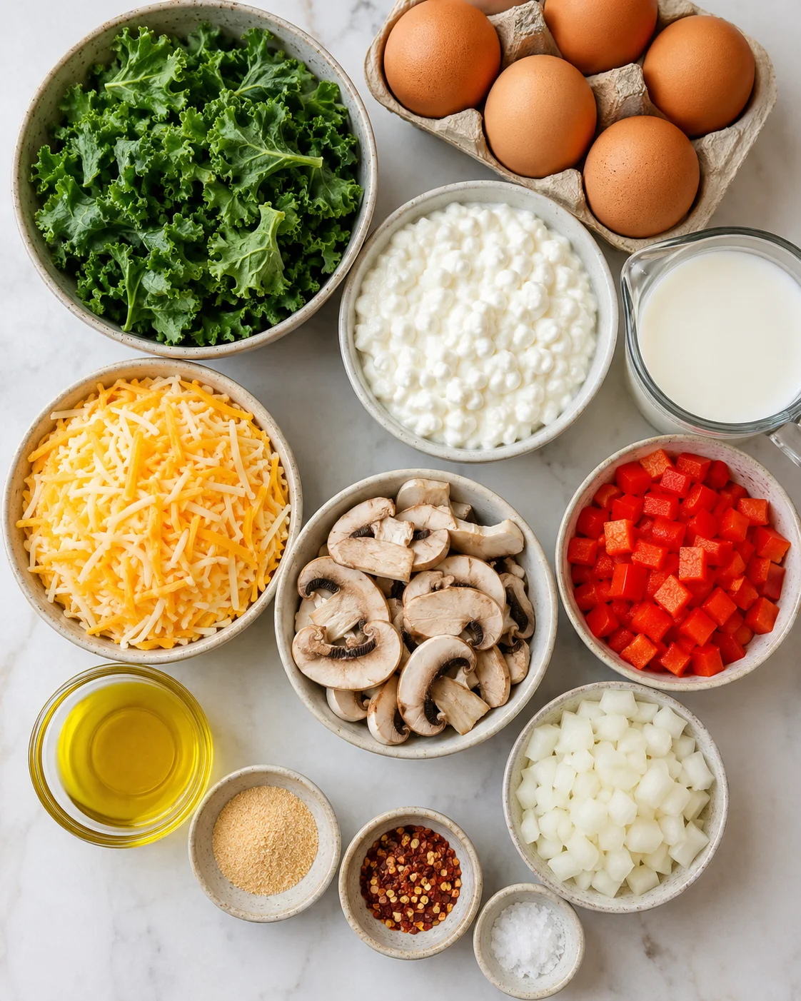 Fresh vegetables, eggs, cheese, and dairy ingredients for breakfast casserole.