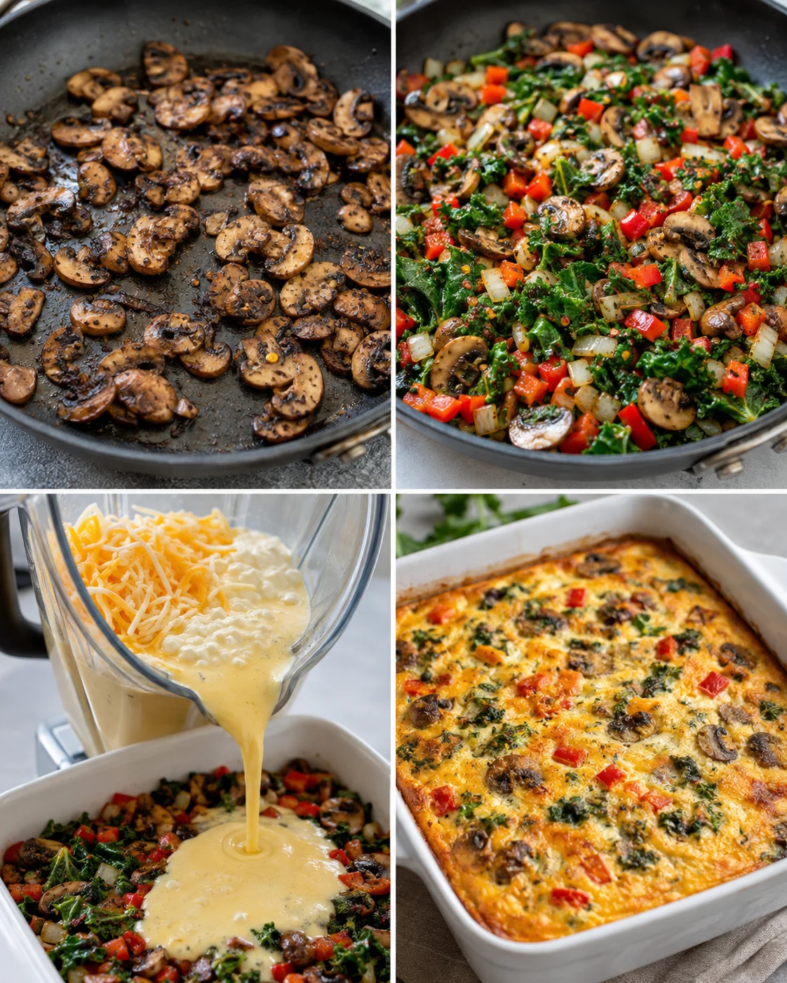 Step-by-step images of sautéed mushrooms, vegetable mixture, and baked casserole