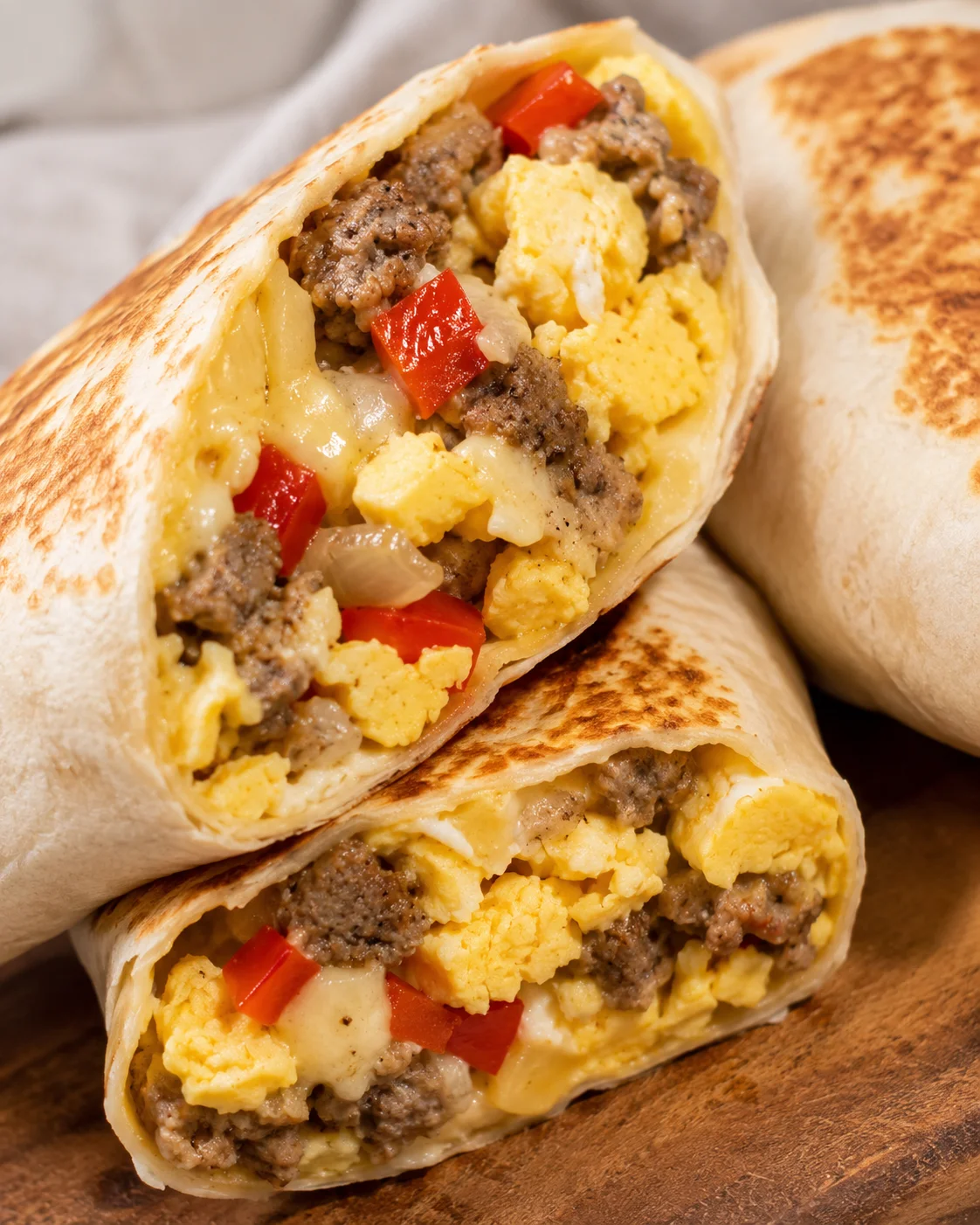 Delicious breakfast burritos filled with eggs, turkey sausage, peppers, and cheese