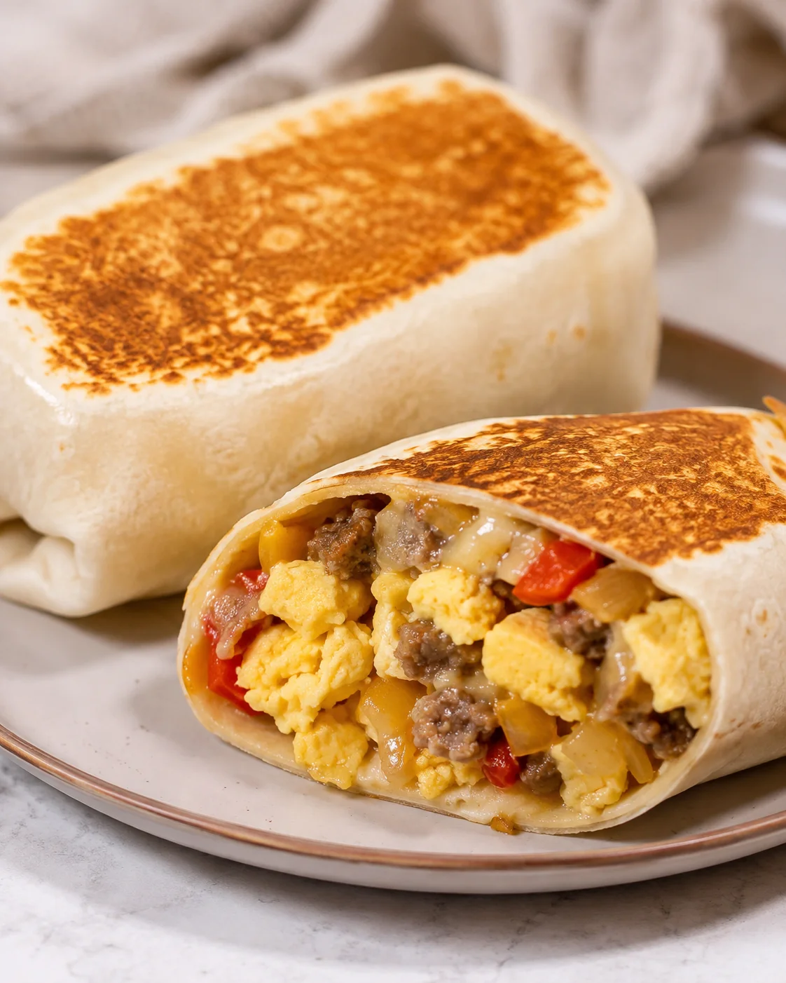 Close-up of a cooked breakfast burrito on a plate, partially sliced to show filling