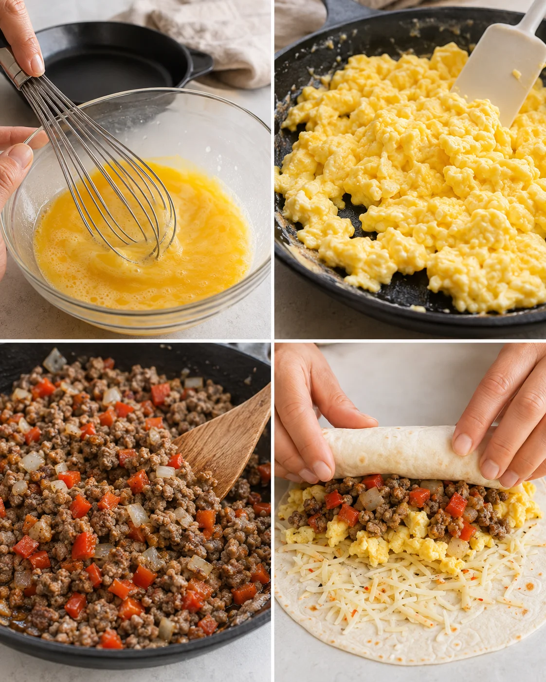 Step-by-step images of making protein-packed breakfast burritos with eggs, sausage, and vegetables.
