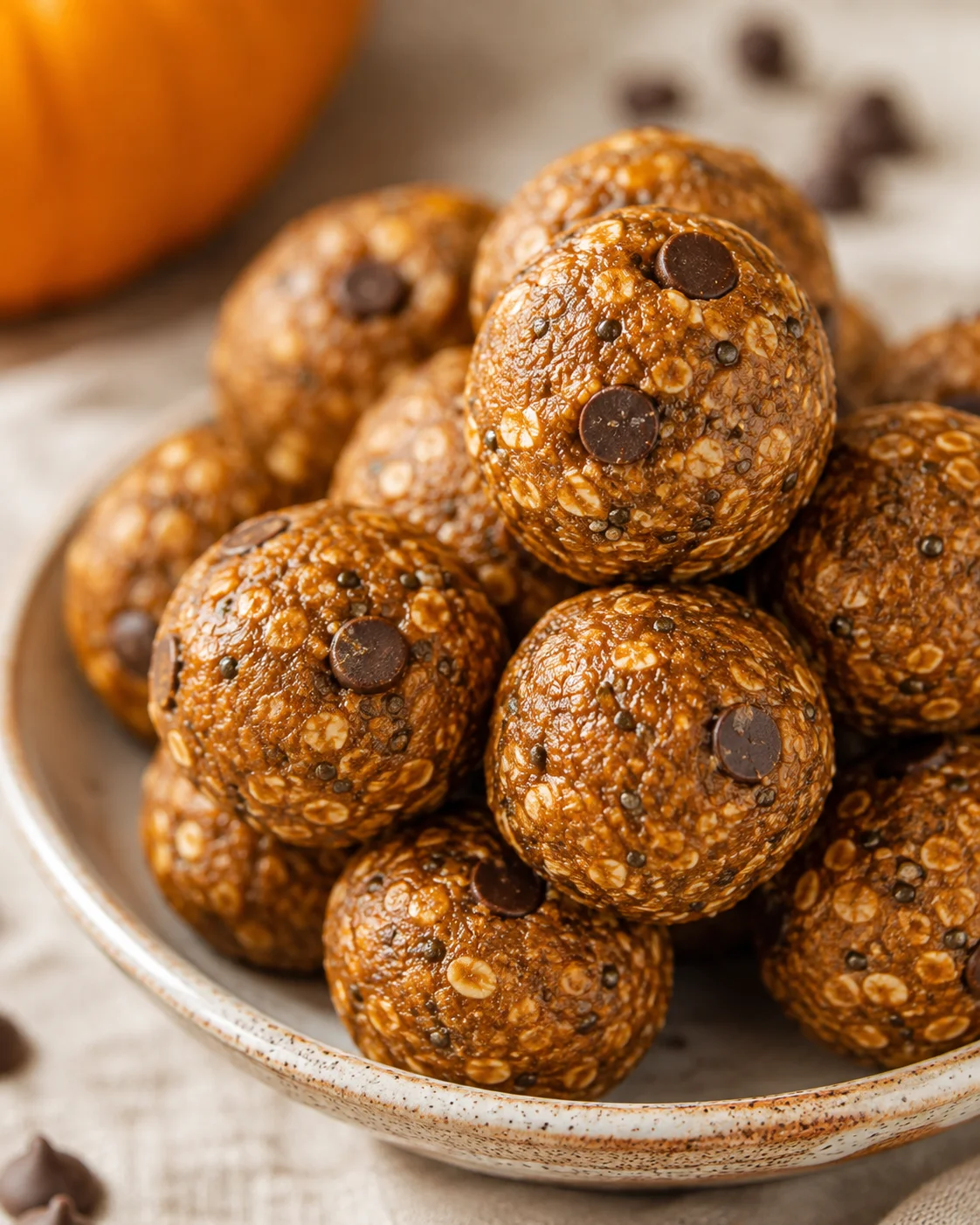 Close-up of chewy, spiced pumpkin protein bites with chocolate chips in a bowl