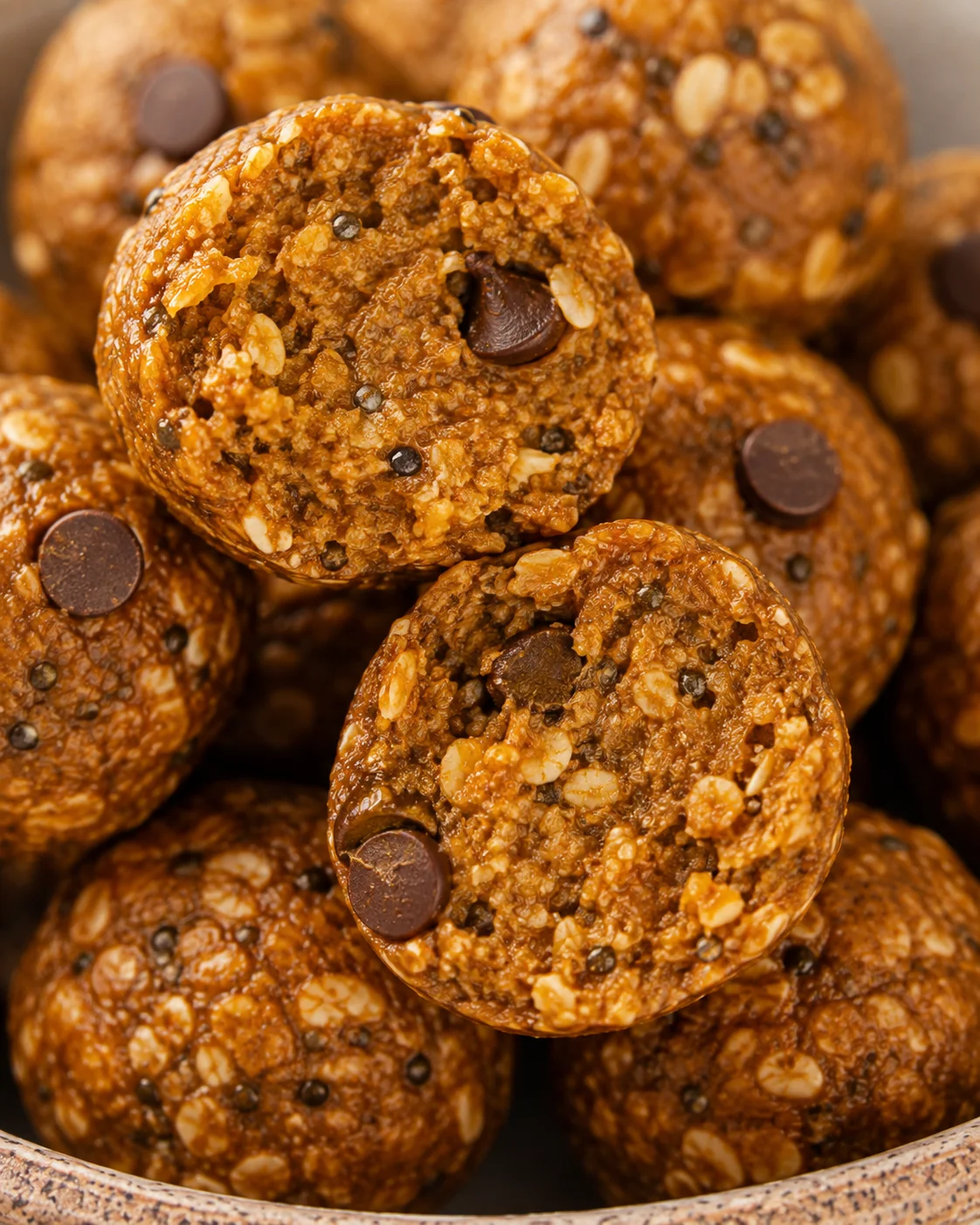 Close-up of festive pumpkin protein bites with chocolate chips and oats