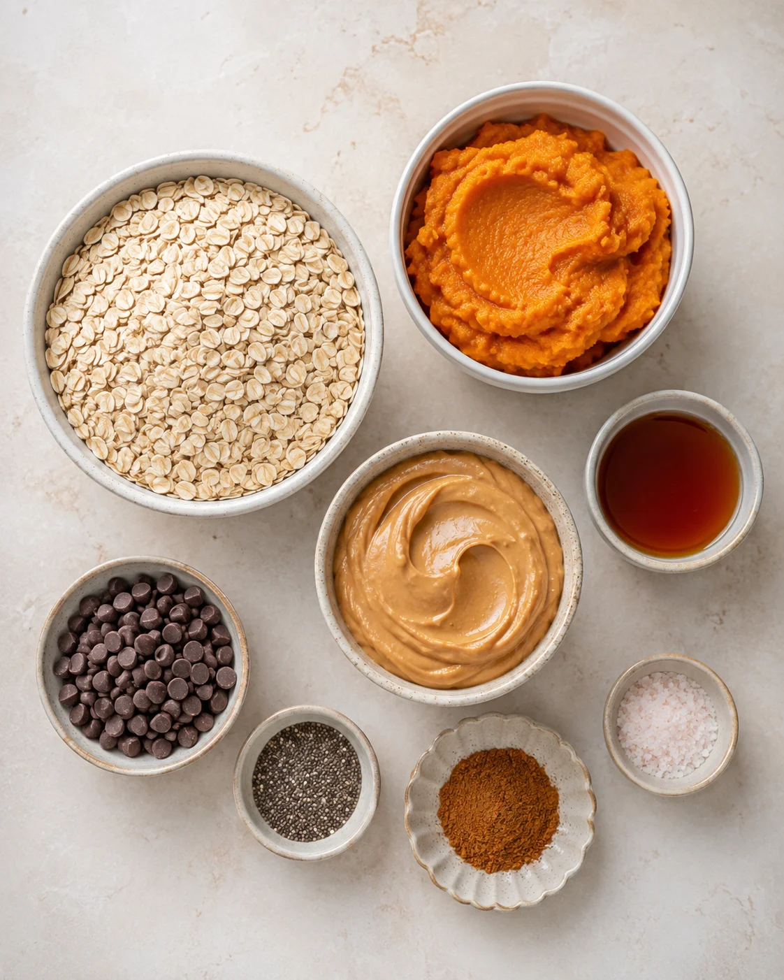 Assorted ingredients for pumpkin protein balls in small bowls on a light surface.