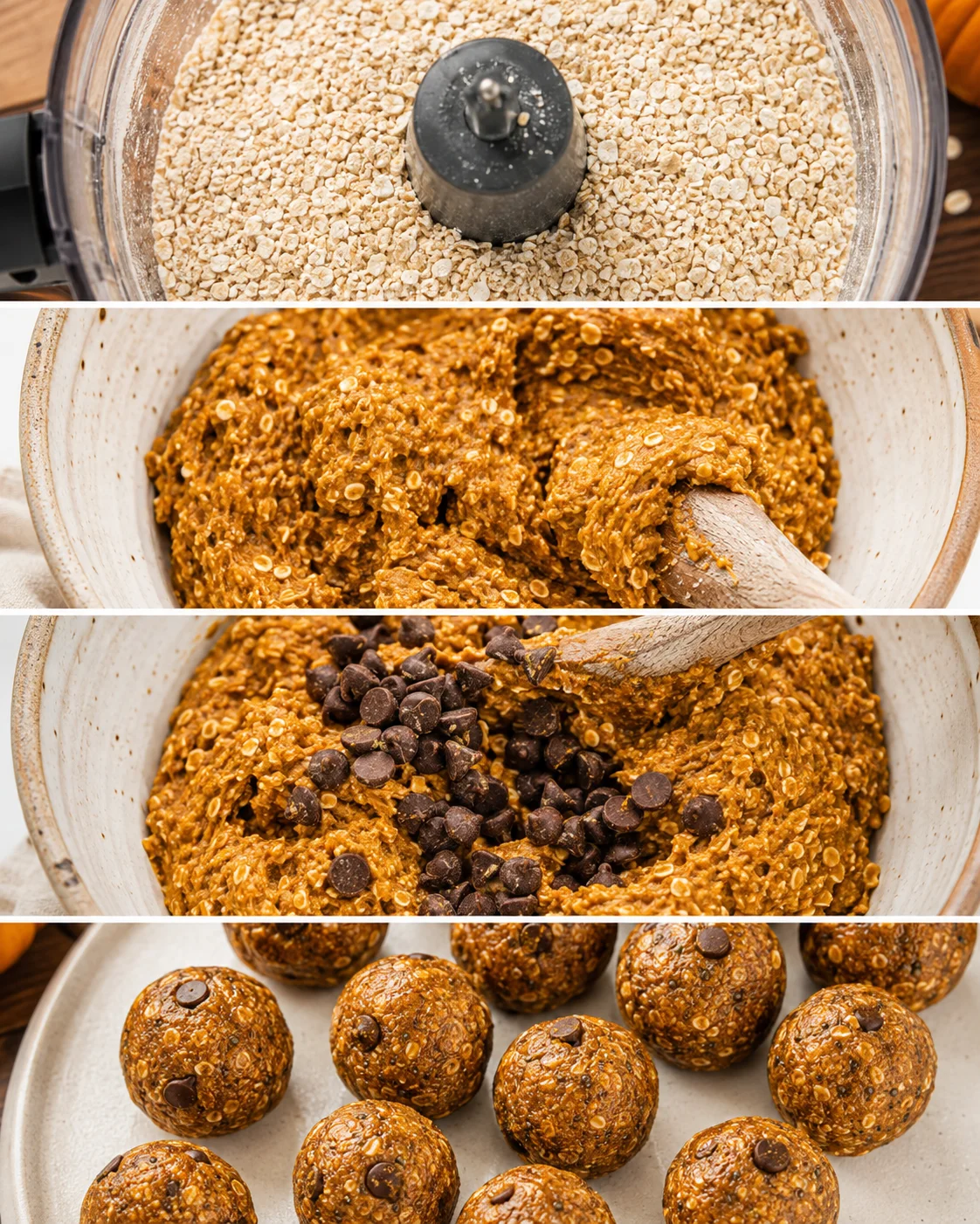 No-bake pumpkin protein balls made with oats, pumpkin, and chocolate chips