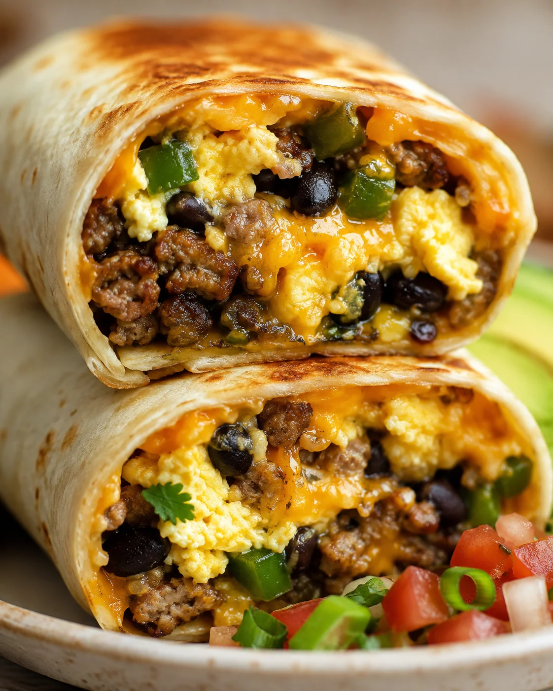 Close-up of a flavorful breakfast burrito filled with eggs, sausage, cheese, and peppers.