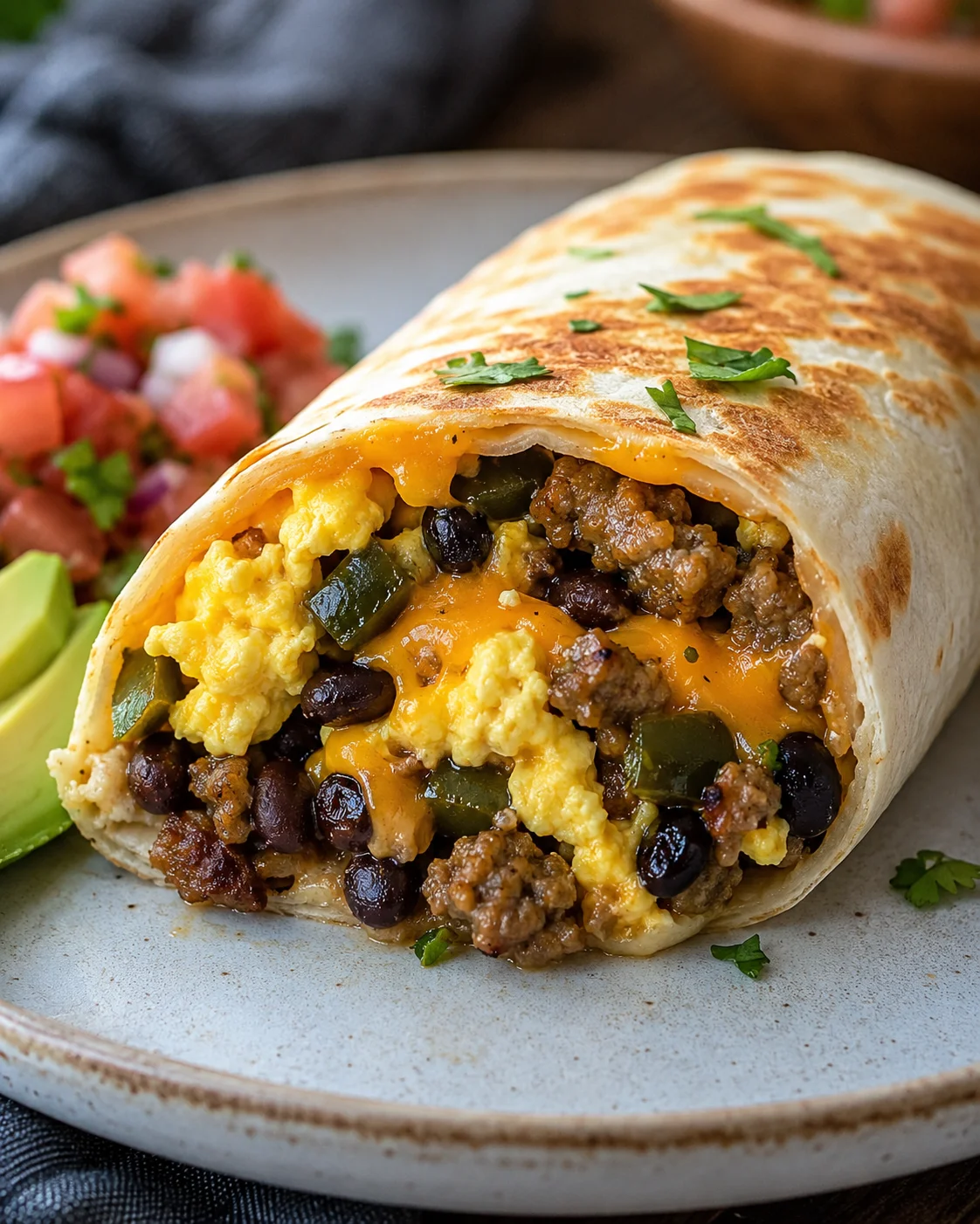 Close-up of a cheesy, packed breakfast burrito with beans, eggs, and sausage
