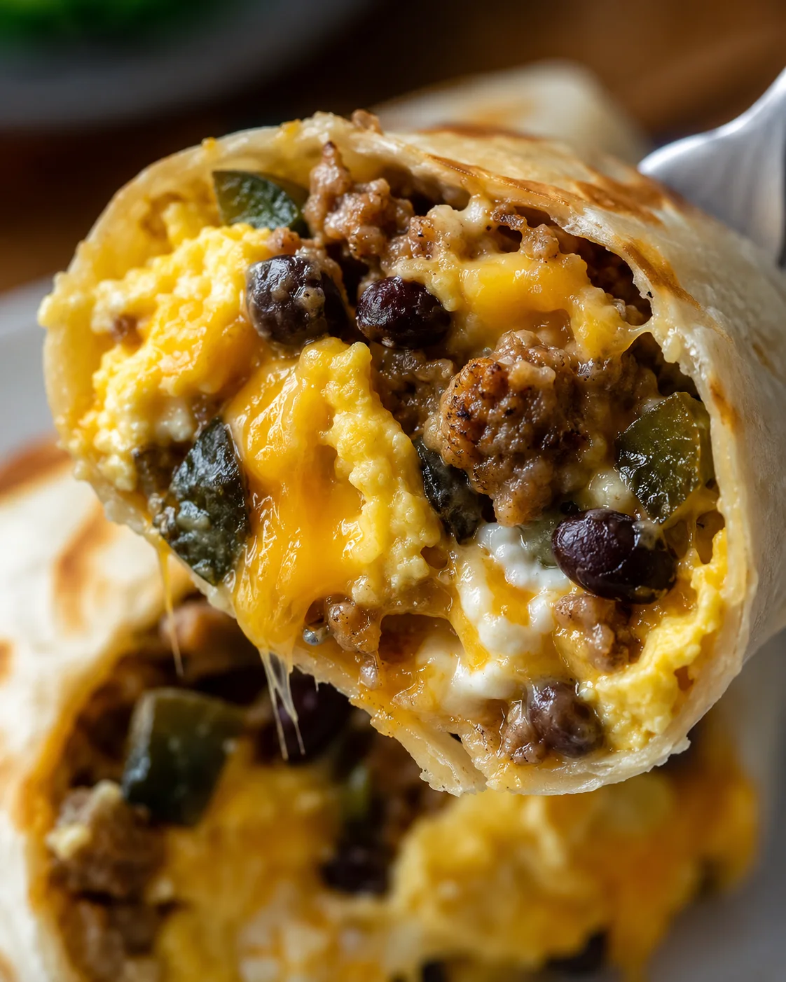 Close-up of a delicious, cheesy breakfast burrito filled with eggs, sausage, beans, and peppers