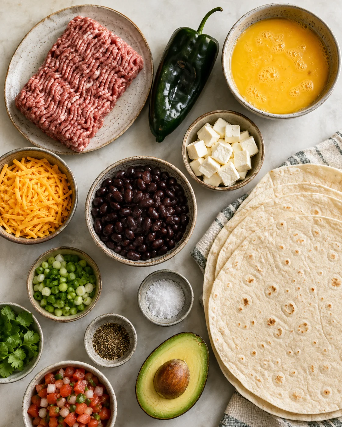 Ingredients for making a high-protein breakfast burrito including beef, peppers, cheese, and tortillas.