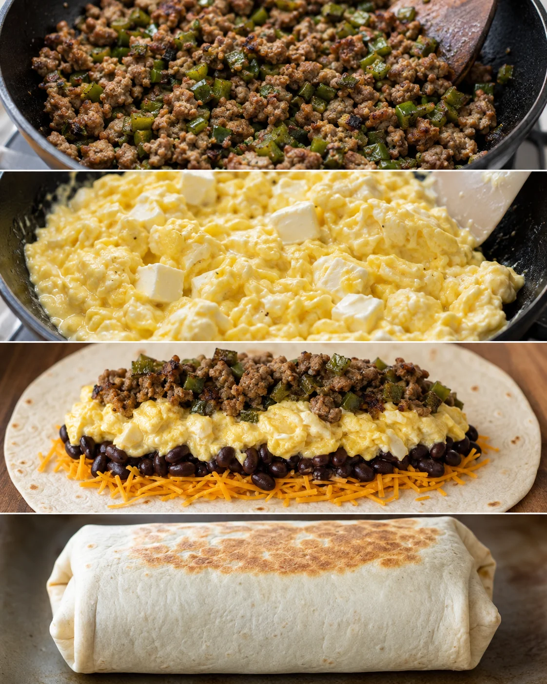 Step-by-step process of making a Mexican-inspired high protein breakfast burrito.