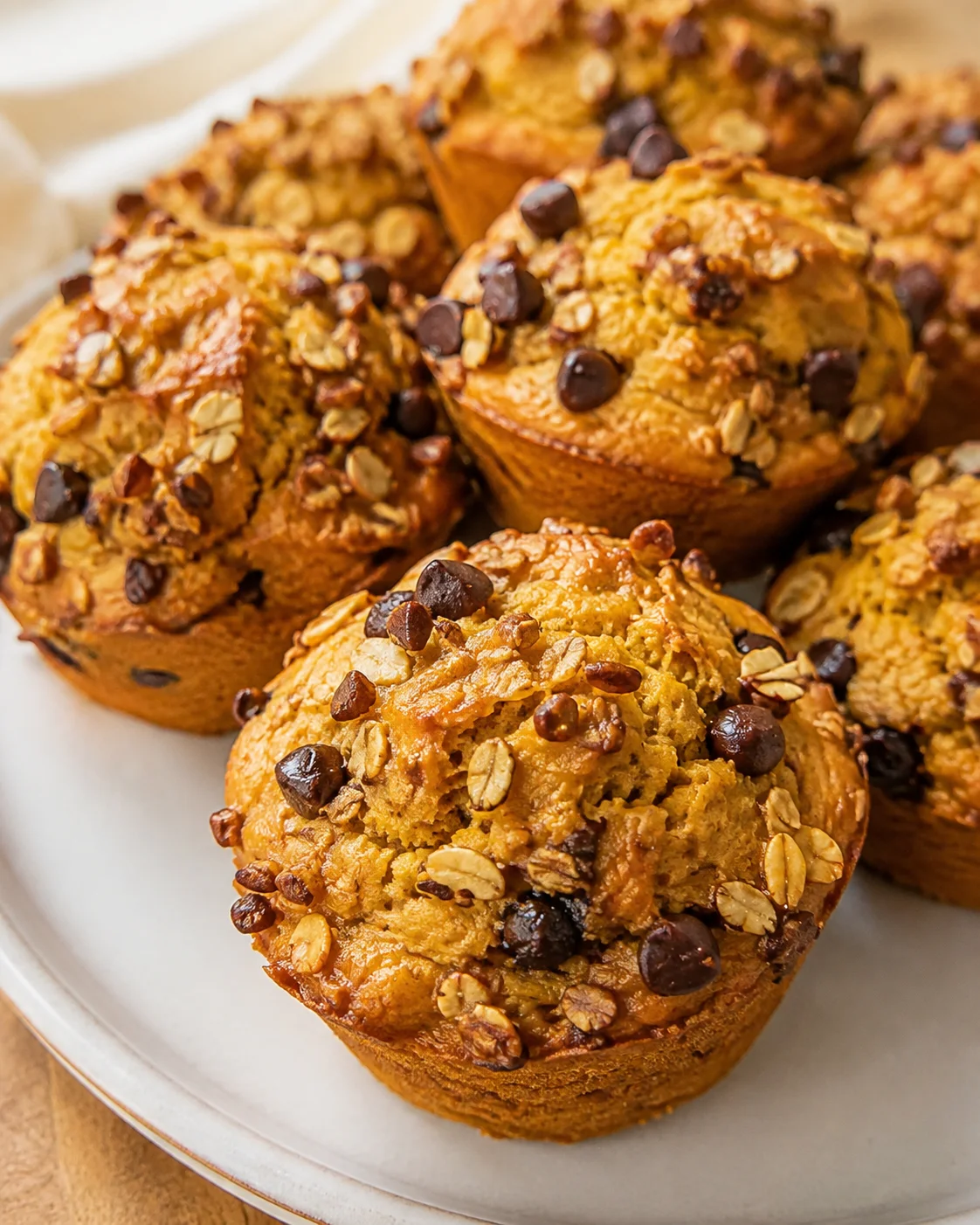 Delicious and moist protein pumpkin muffins with chocolate chips on top.