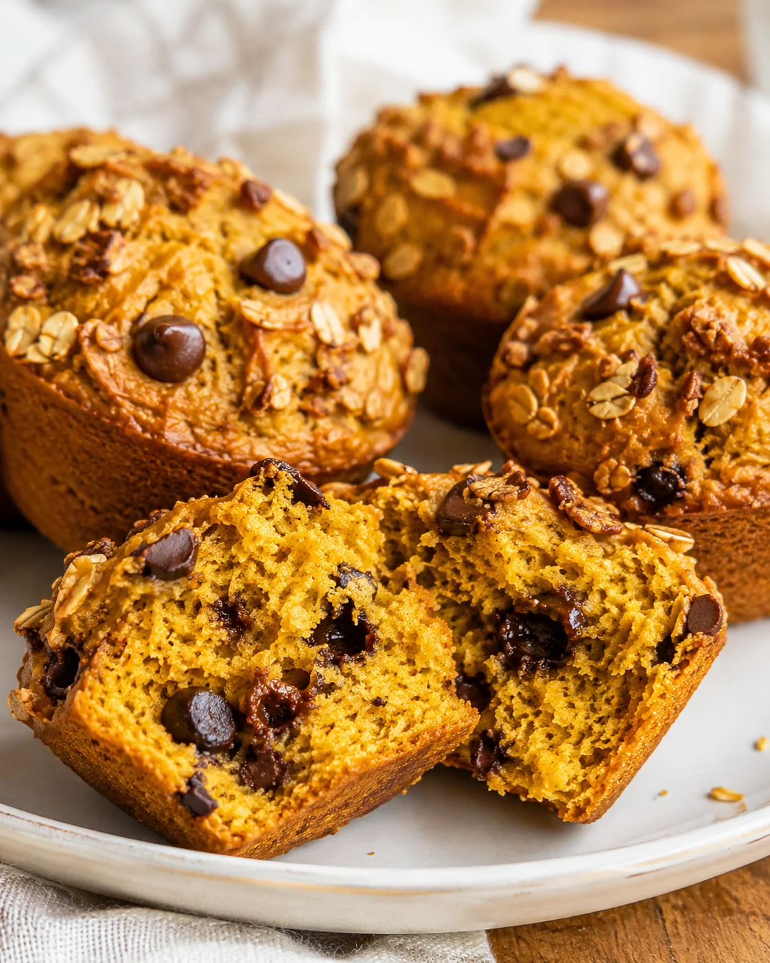 Freshly baked protein pumpkin muffins with chocolate chips and oats on top