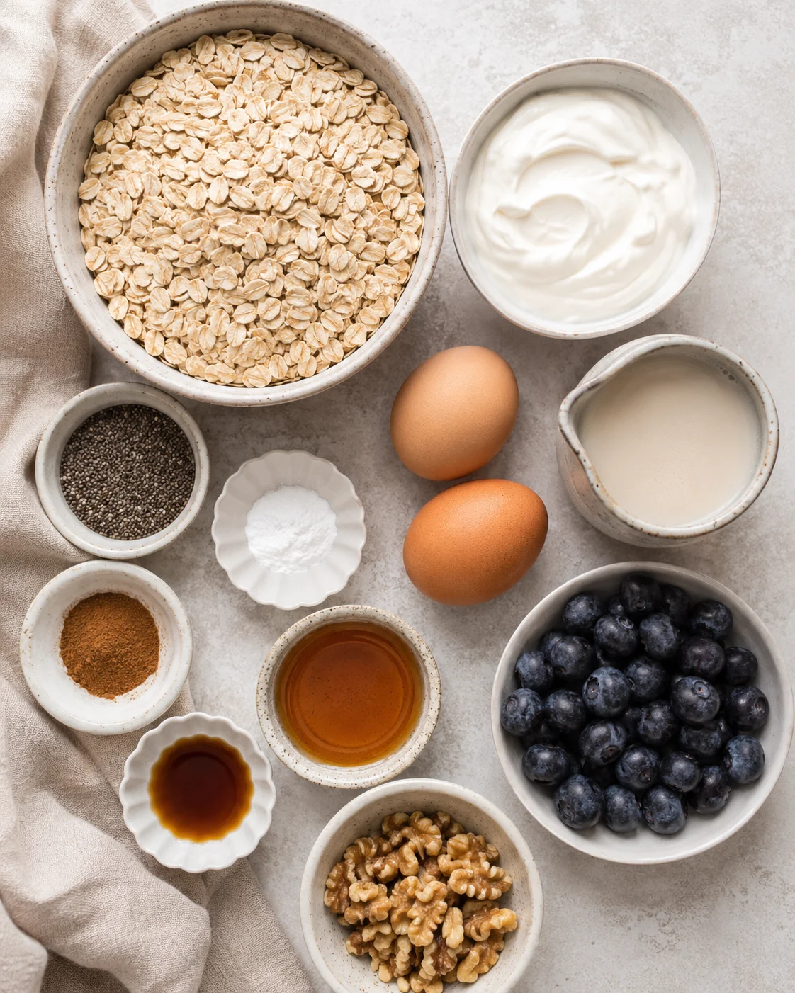 Ingredients for high protein baked oatmeal including oats, yogurt, eggs, and berries.