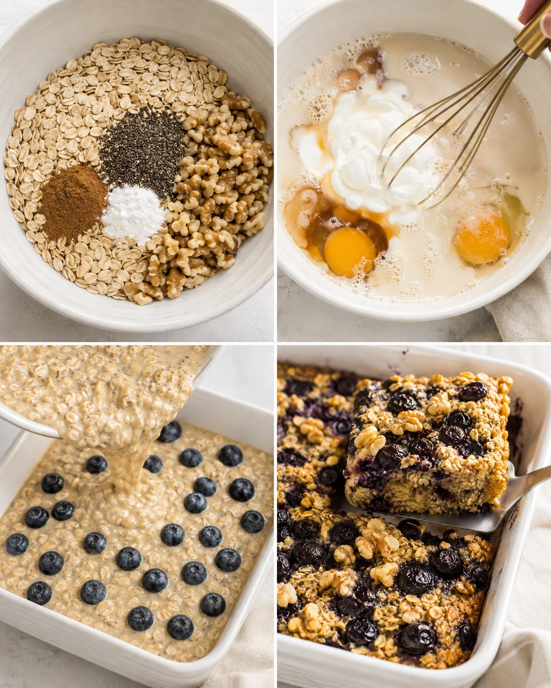Step-by-step photos of making a nutritious baked oatmeal with blueberries.