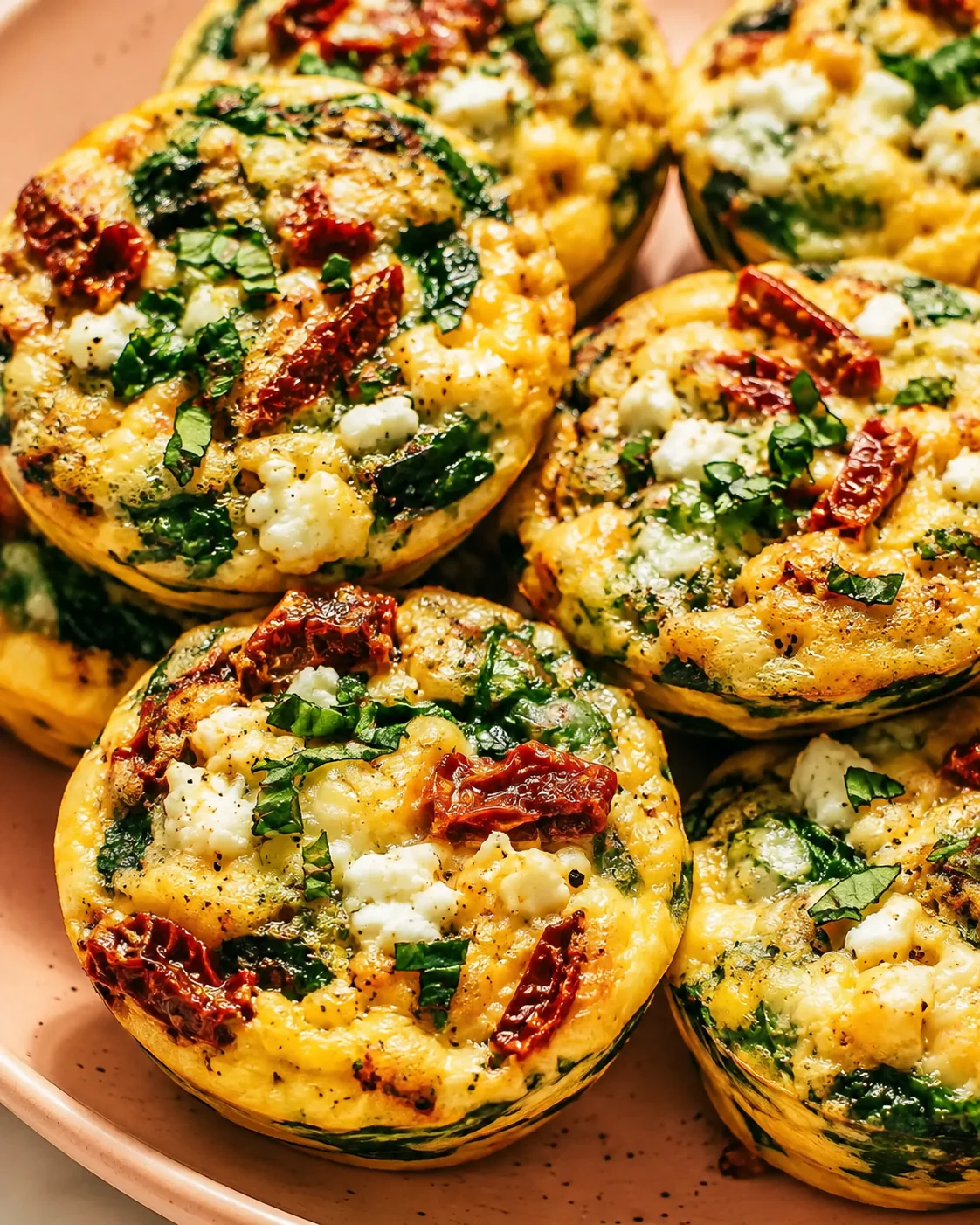Close-up of colorful, baked egg bites with sun-dried tomatoes and feta cheese.