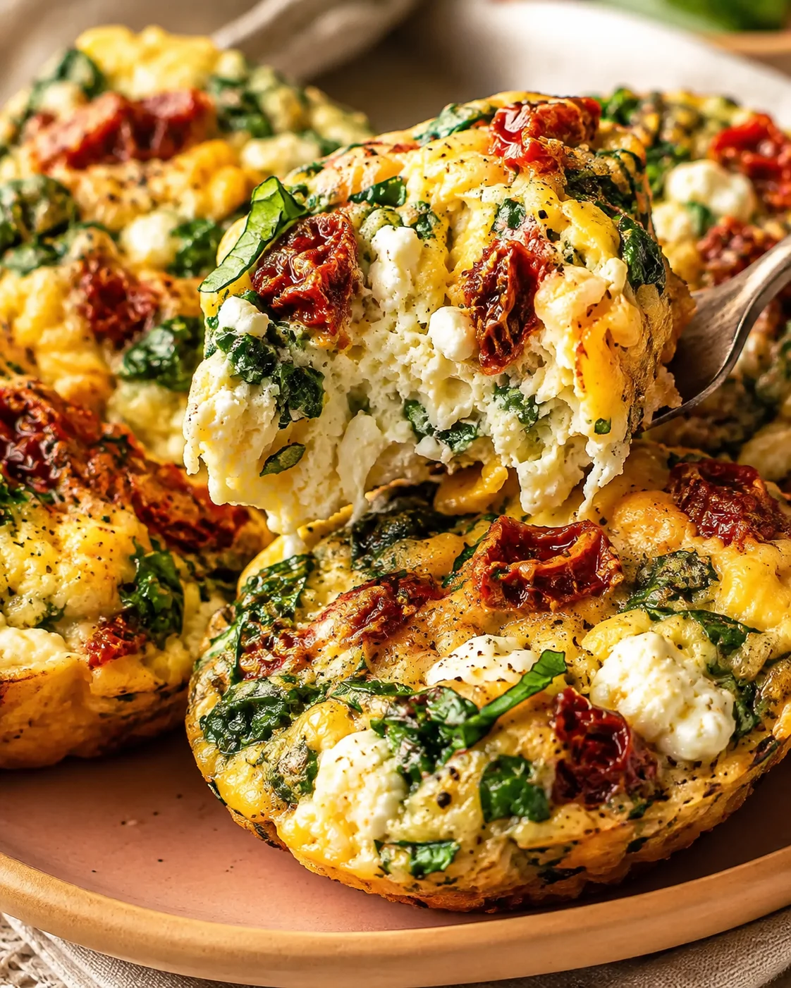 Close-up of delicious high protein egg bites with sun-dried tomatoes and herbs.