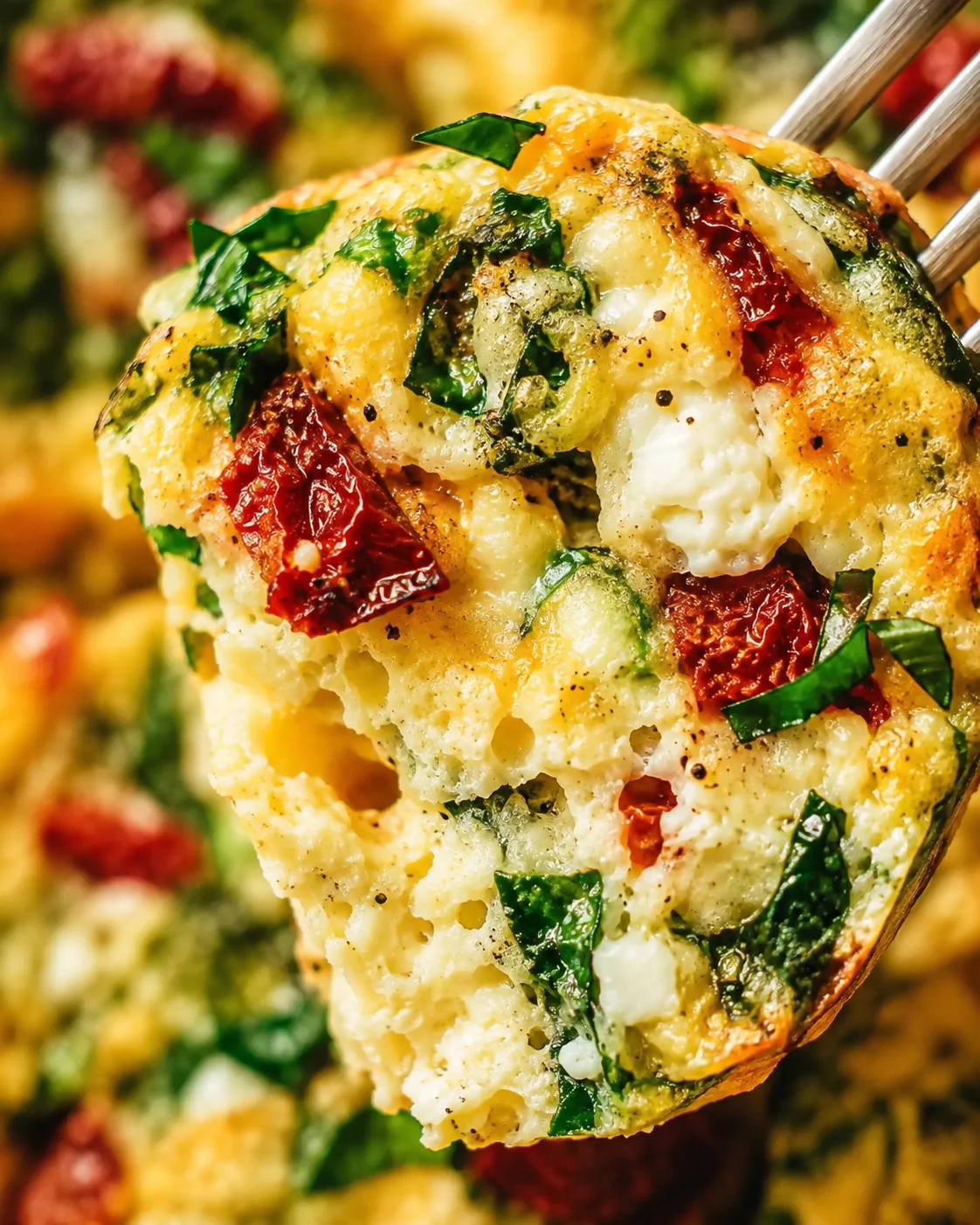 Close-up of fluffy homemade egg bites with sun-dried tomatoes and basil.