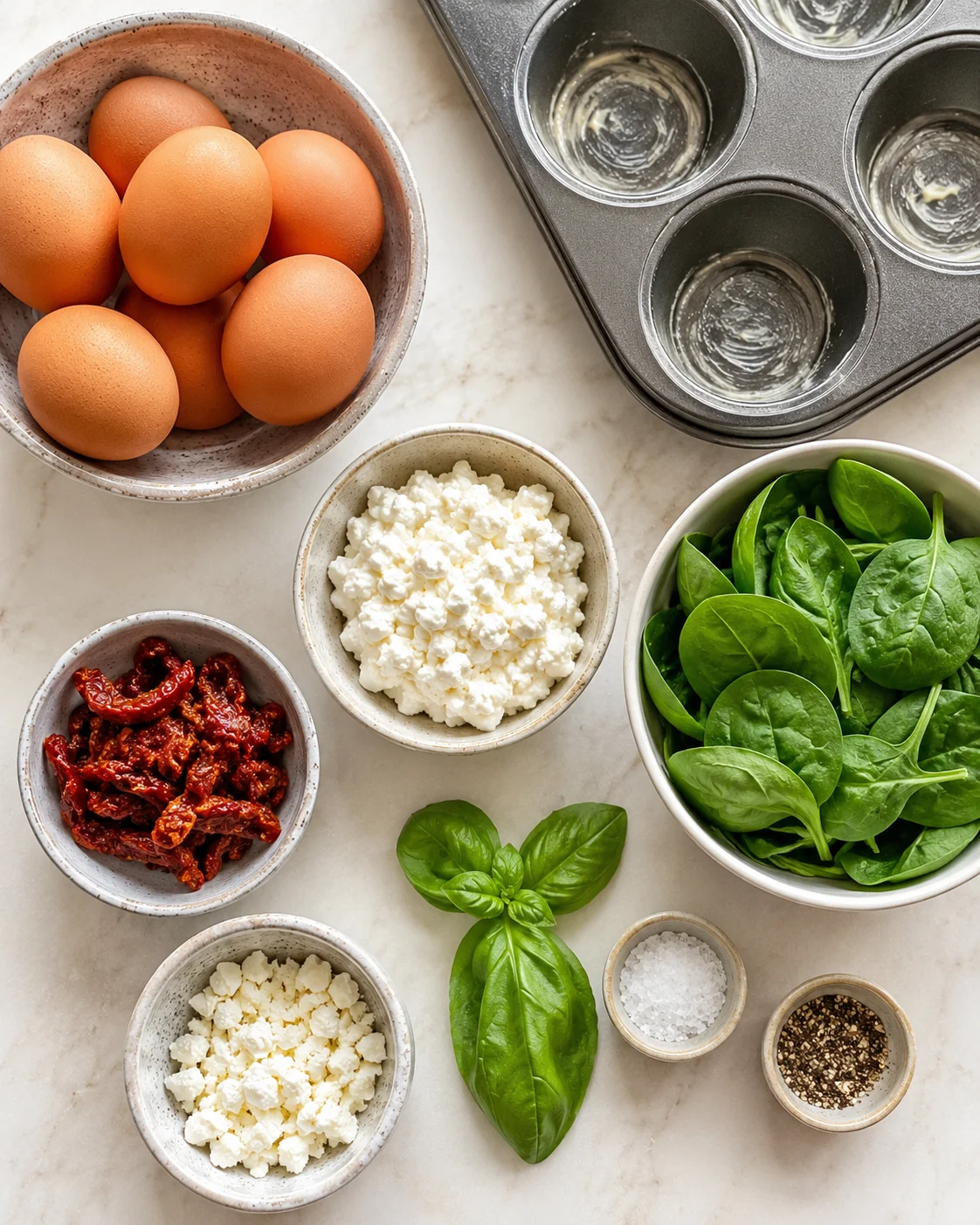 Image of fresh eggs, cottage cheese, sun-dried tomatoes, spinach, and basil ingredients.