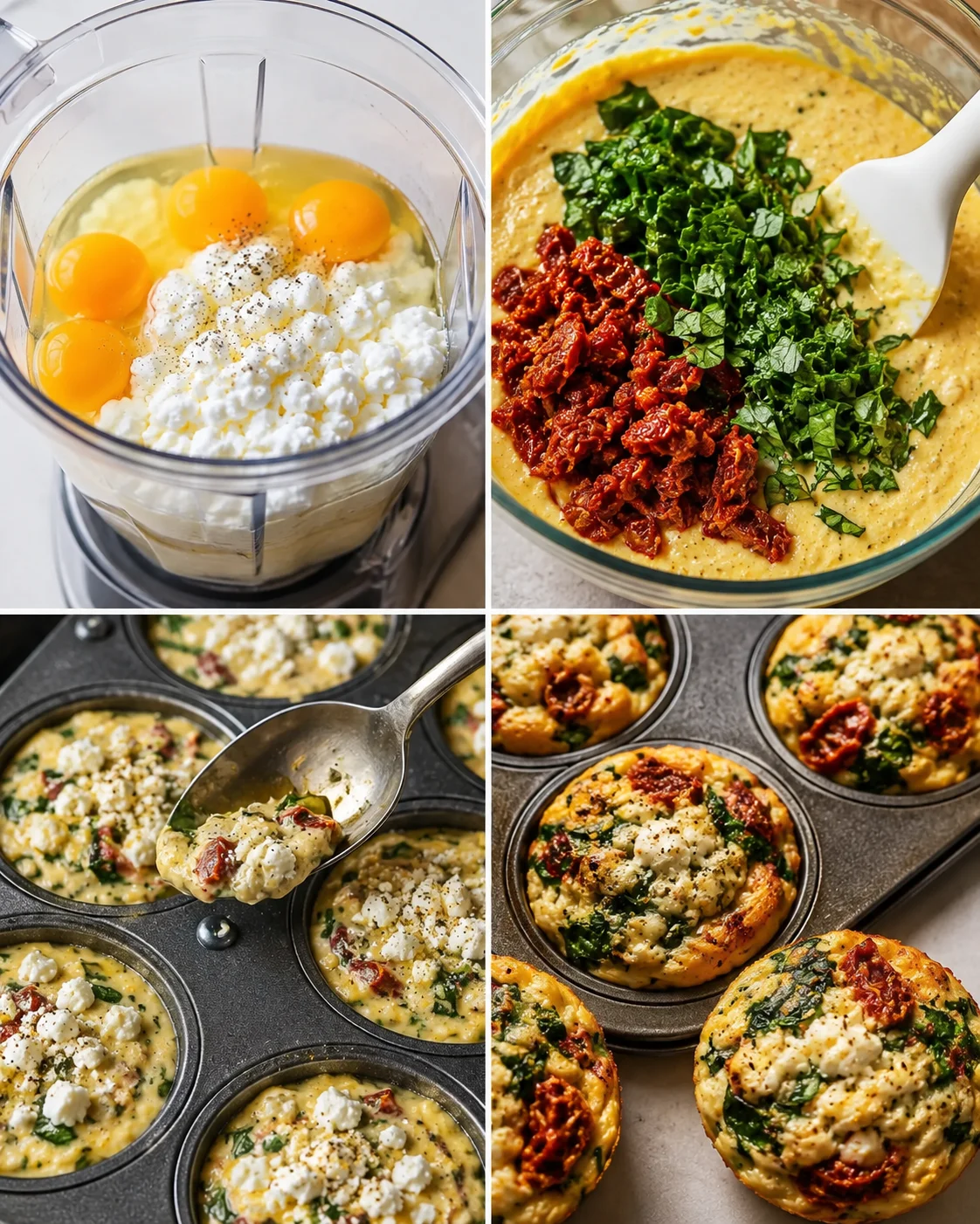 Easy homemade high protein egg bites with spinach, sun-dried tomatoes, and feta.