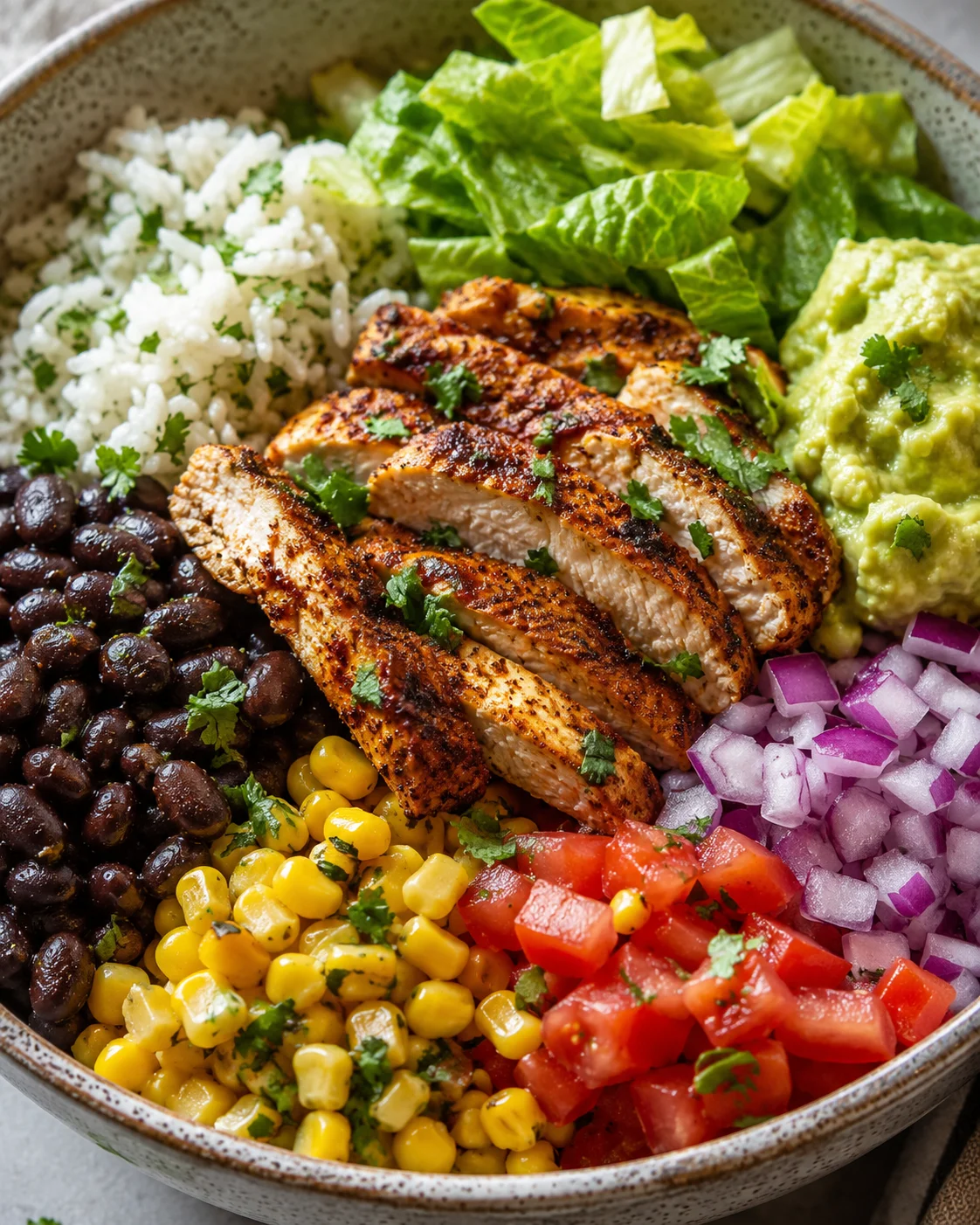 A close-up of a colorful chicken burrito bowl with rice, beans, avocado, and tomatoes.